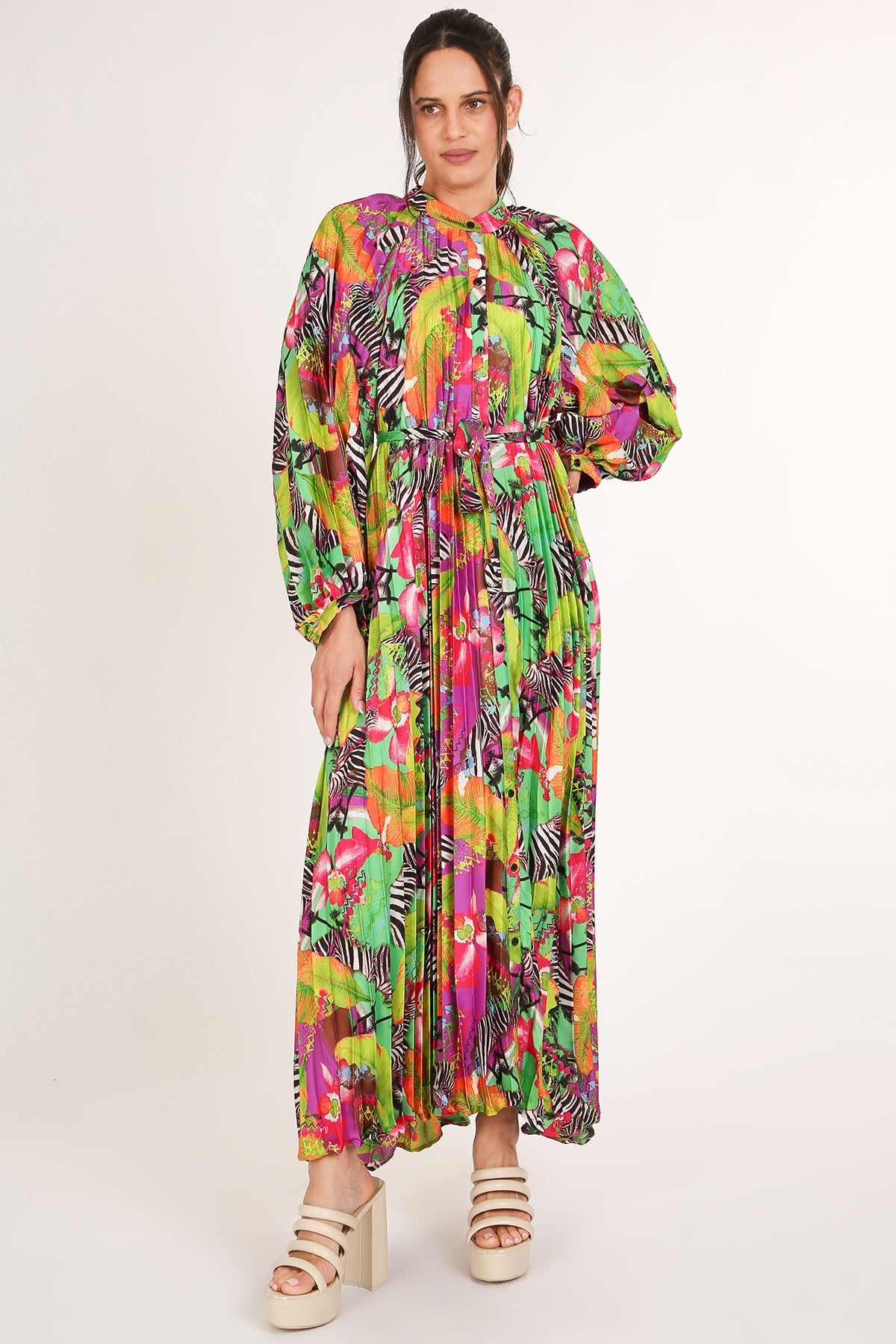 Jean Multicolor Safari Print Pleated Maxi Dress - Shop Beulah Style
