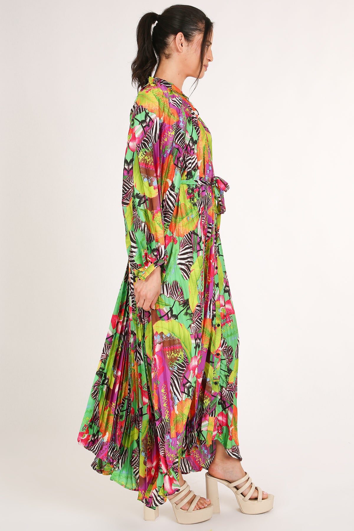 Jean Multicolor Safari Print Pleated Maxi Dress - Shop Beulah Style