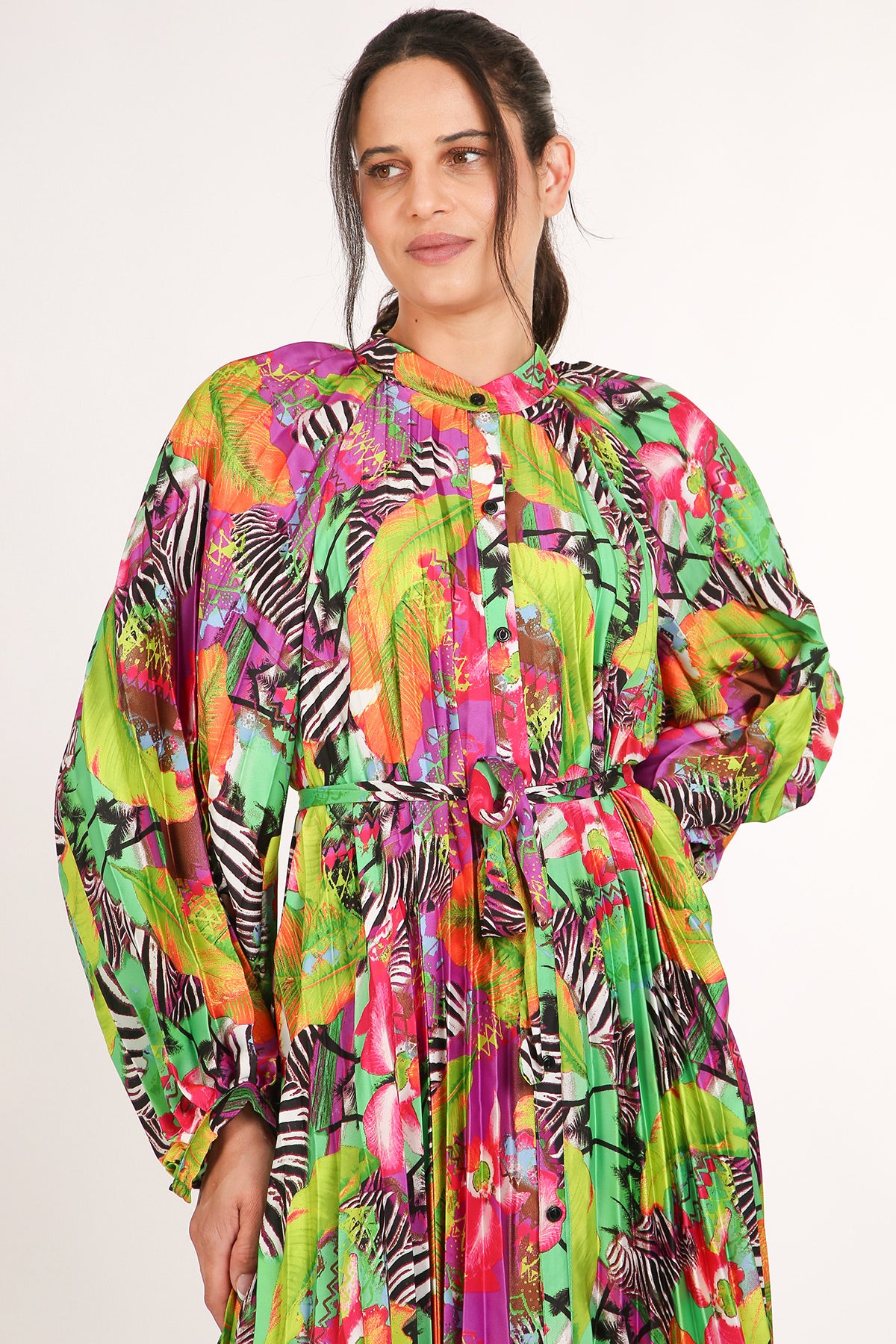 Jean Multicolor Safari Print Pleated Maxi Dress - Shop Beulah Style