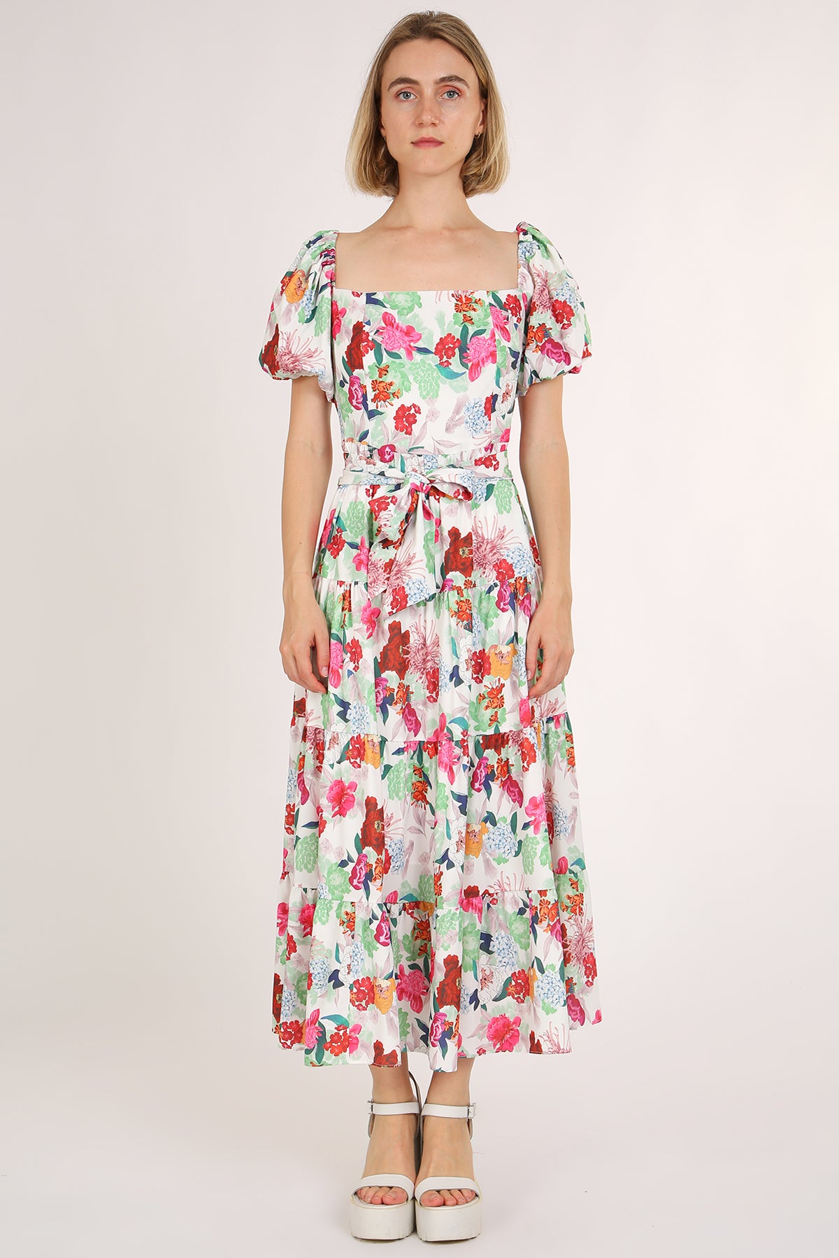 Cameron Floral Printed Square Puff Tiered Maxi Dress - Shop Beulah Style