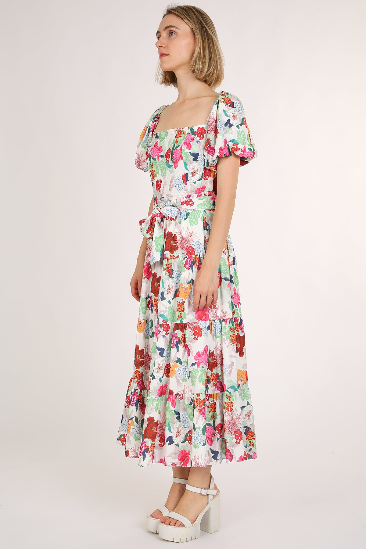 Cameron Floral Printed Square Puff Tiered Maxi Dress - Shop Beulah Style
