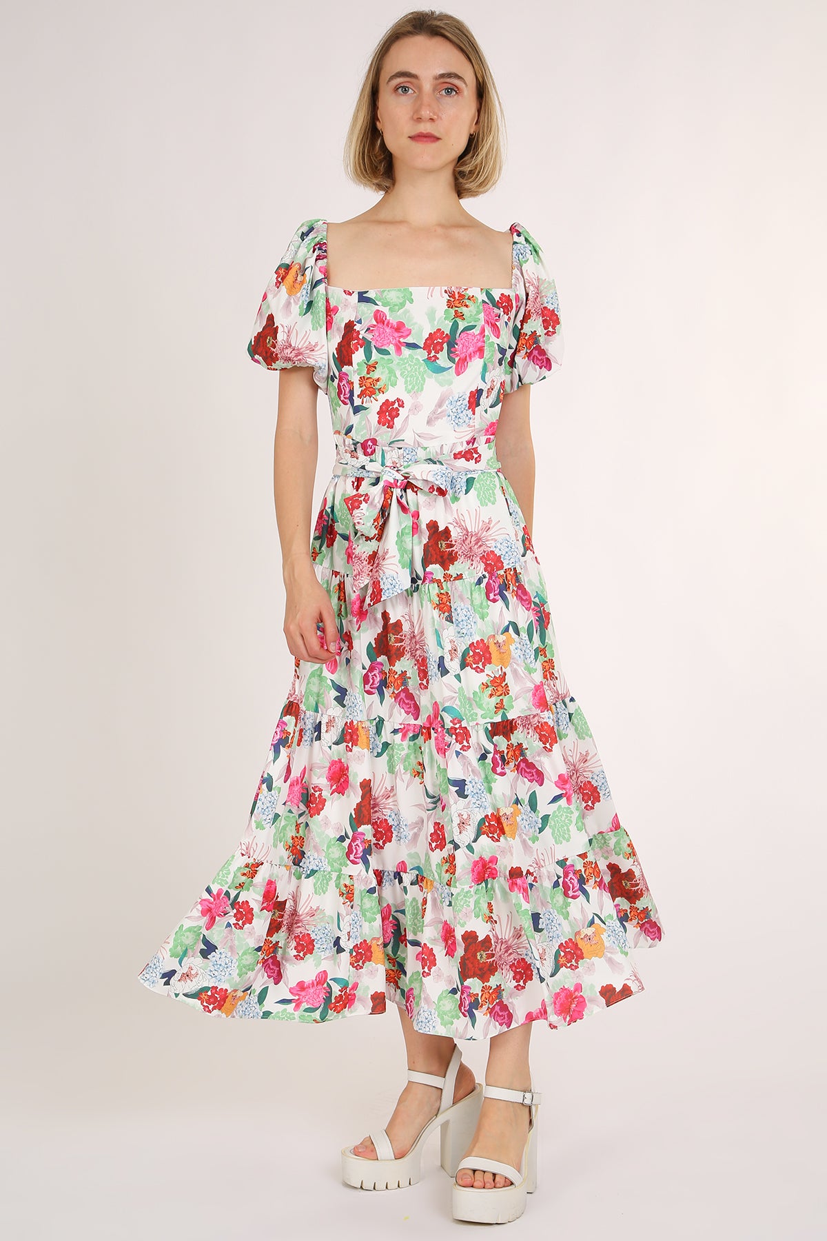 Cameron Floral Printed Square Puff Tiered Maxi Dress - Shop Beulah Style