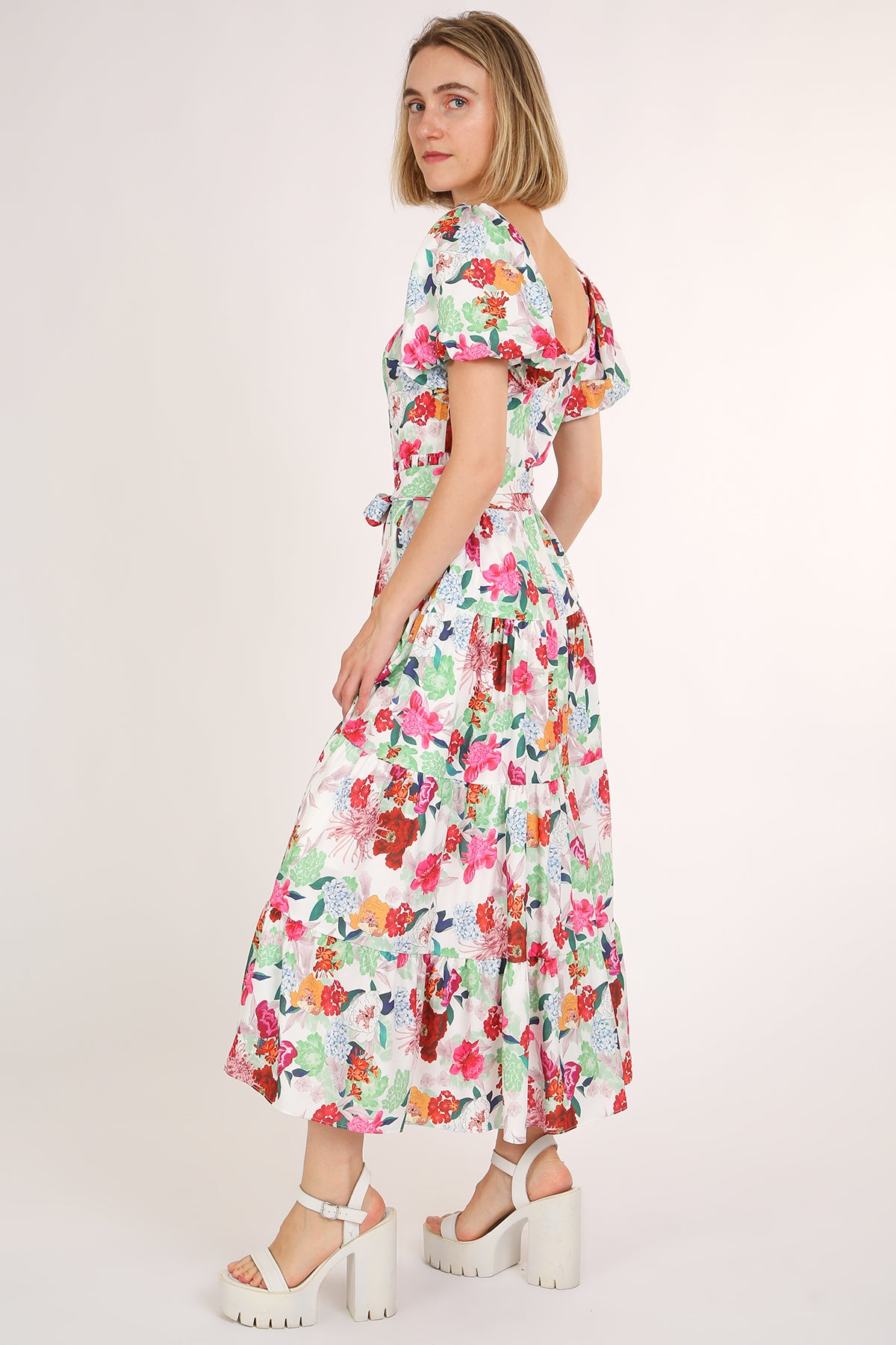 Cameron Floral Printed Square Puff Tiered Maxi Dress - Shop Beulah Style