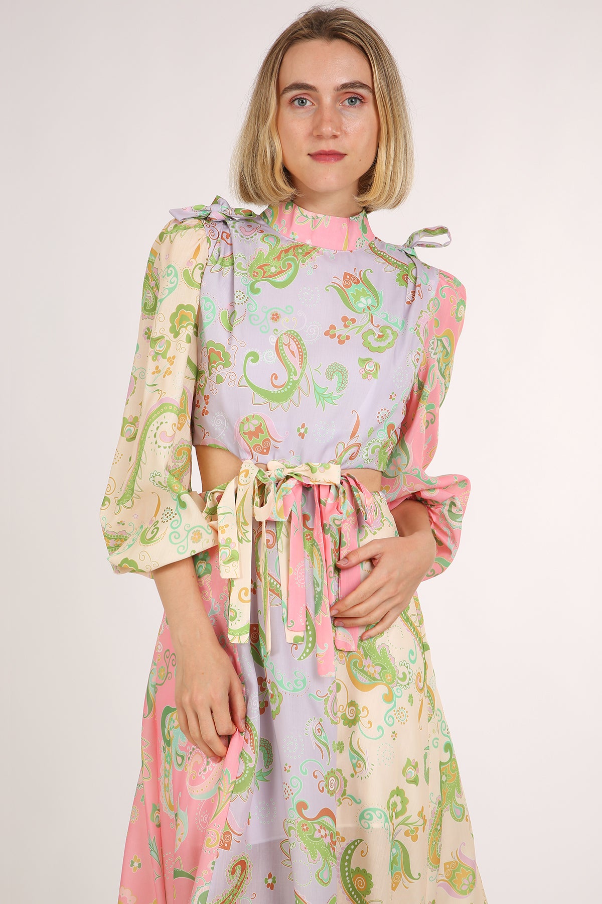Meredith Colorblock Paisley Print Cutout Bust Tie Maxi Dress - Shop Beulah Style