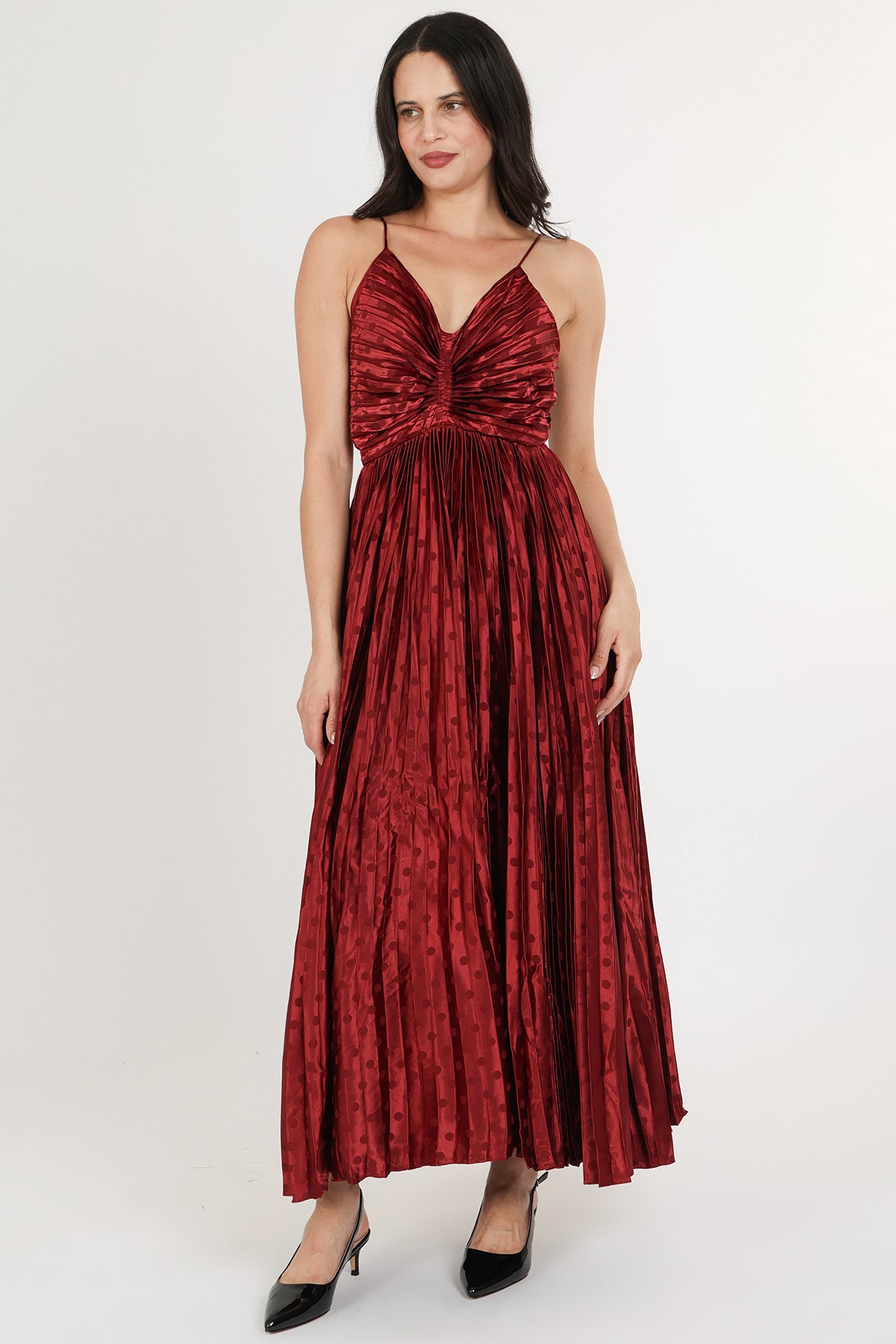 Dolly Dotted Pleats Satin Sweetheart Maxi Dress - Shop Beulah Style