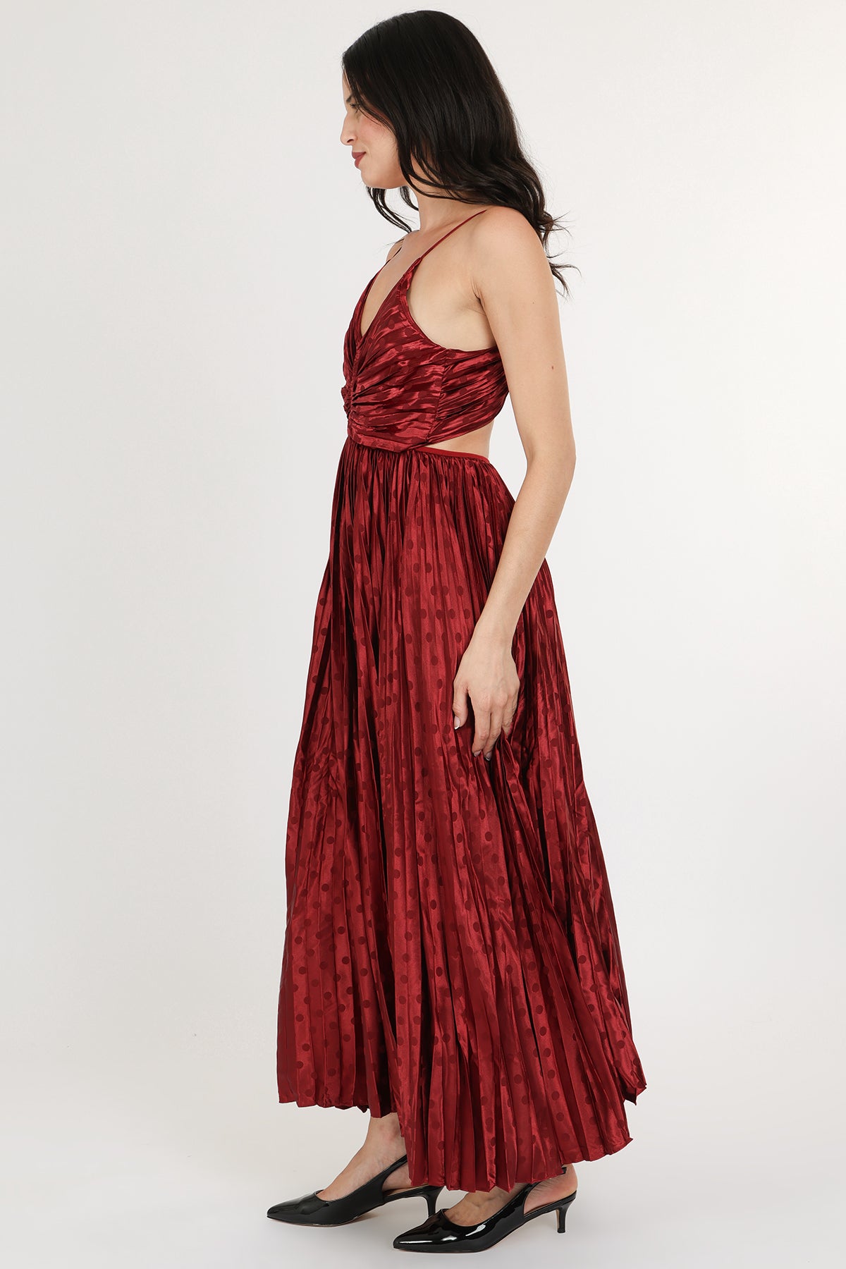 Dolly Dotted Pleats Satin Sweetheart Maxi Dress - Shop Beulah Style
