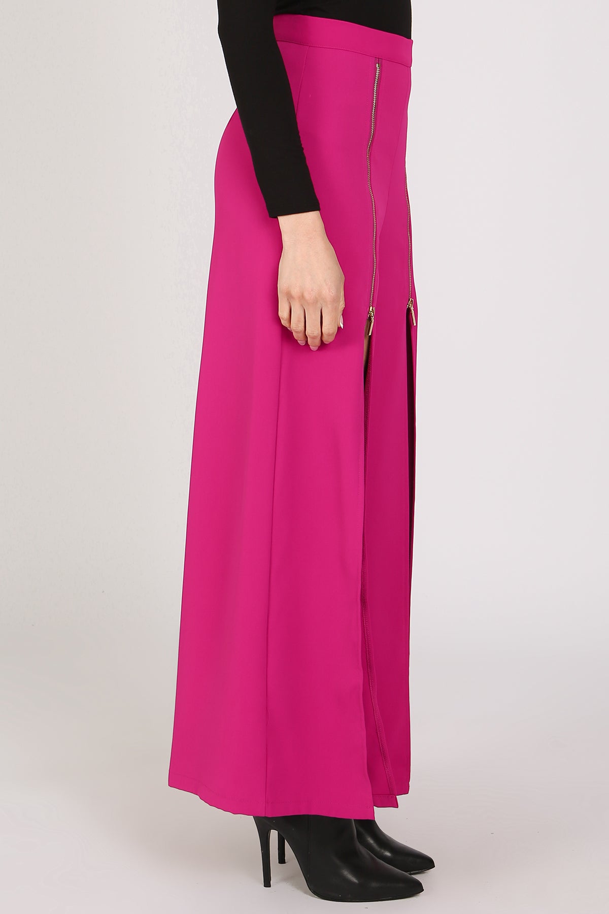 Macey Front Zippered Slit Details Wide Long Pants - Shop Beulah Style