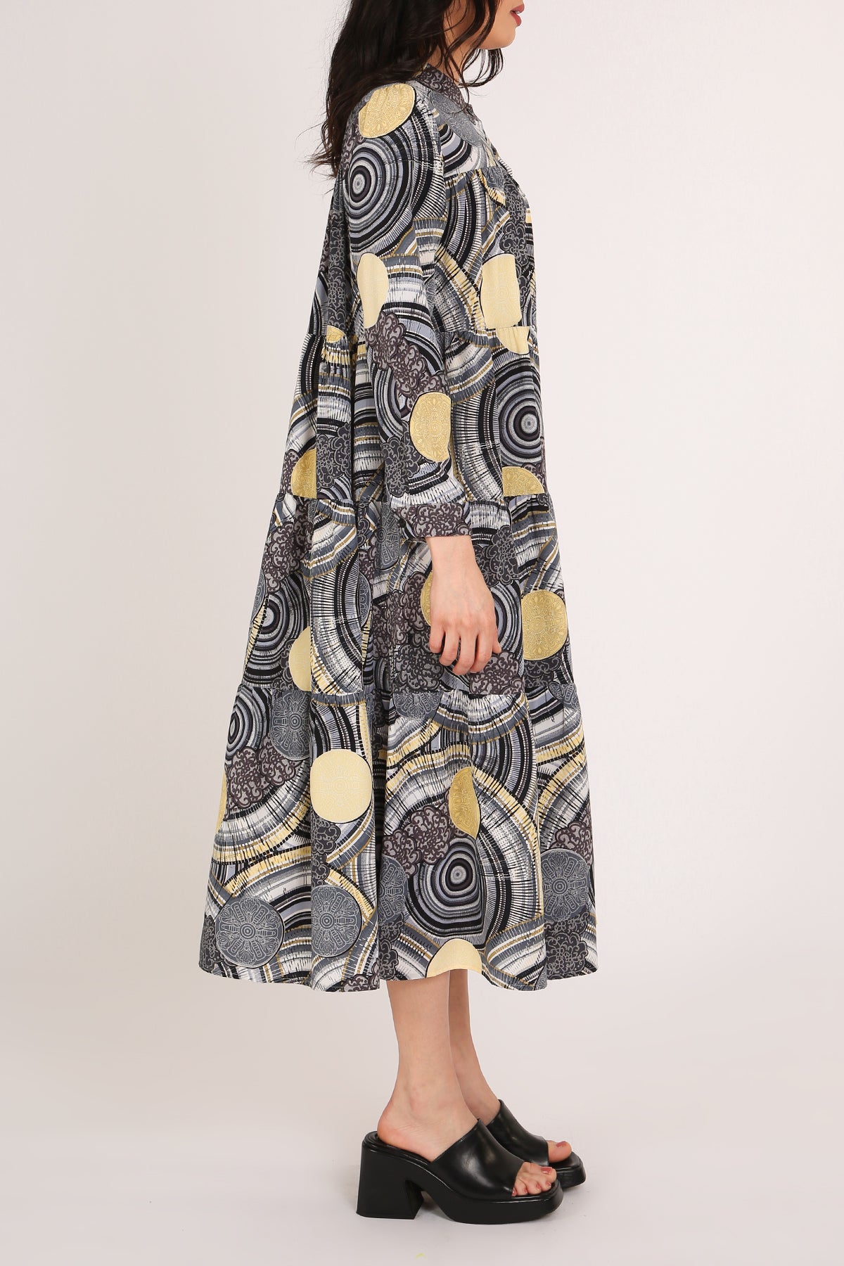 Iris Multi-Print Tiered A-Line Henley Midi Dress - Shop Beulah Style