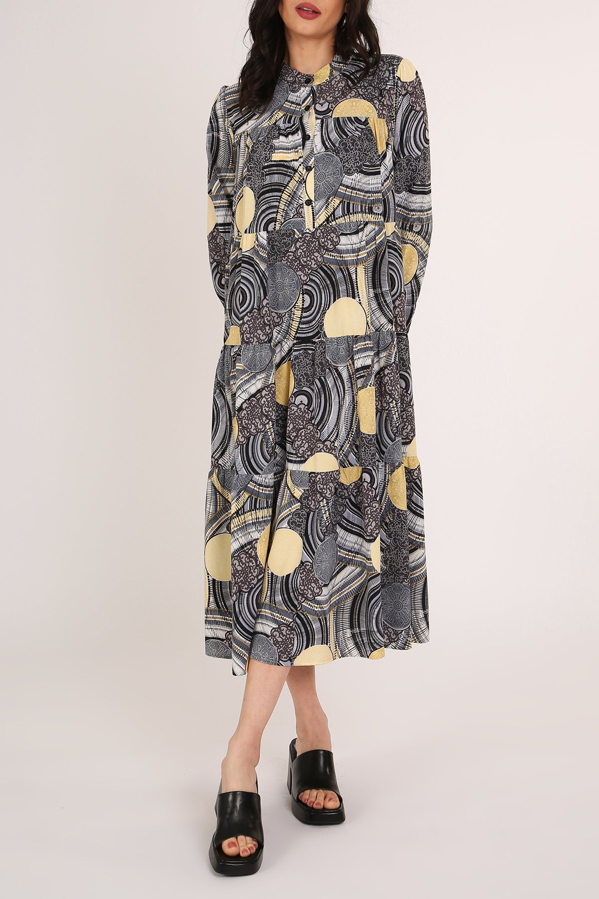 Iris Multi-Print Tiered A-Line Henley Midi Dress - Shop Beulah Style