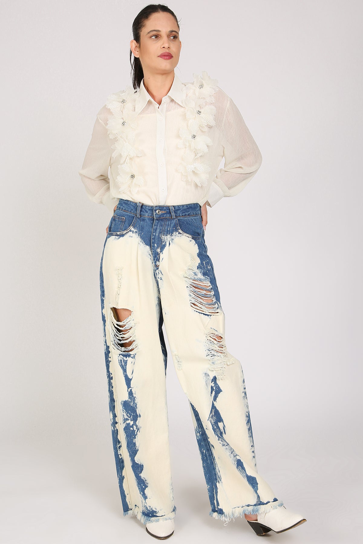Dana Washed & Distressed Wide Fringed Trim Denim Pants - Shop Beulah Style