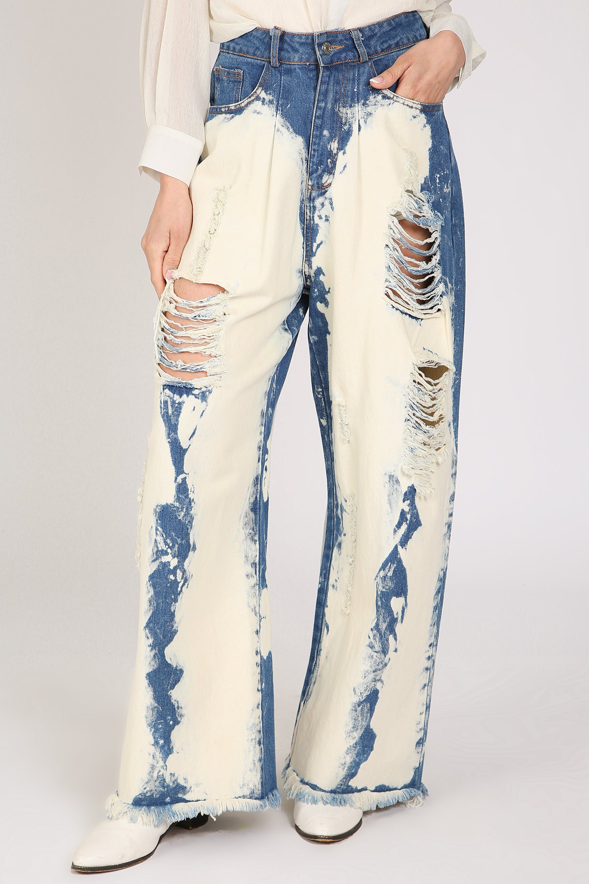Dana Washed & Distressed Wide Fringed Trim Denim Pants - Shop Beulah Style