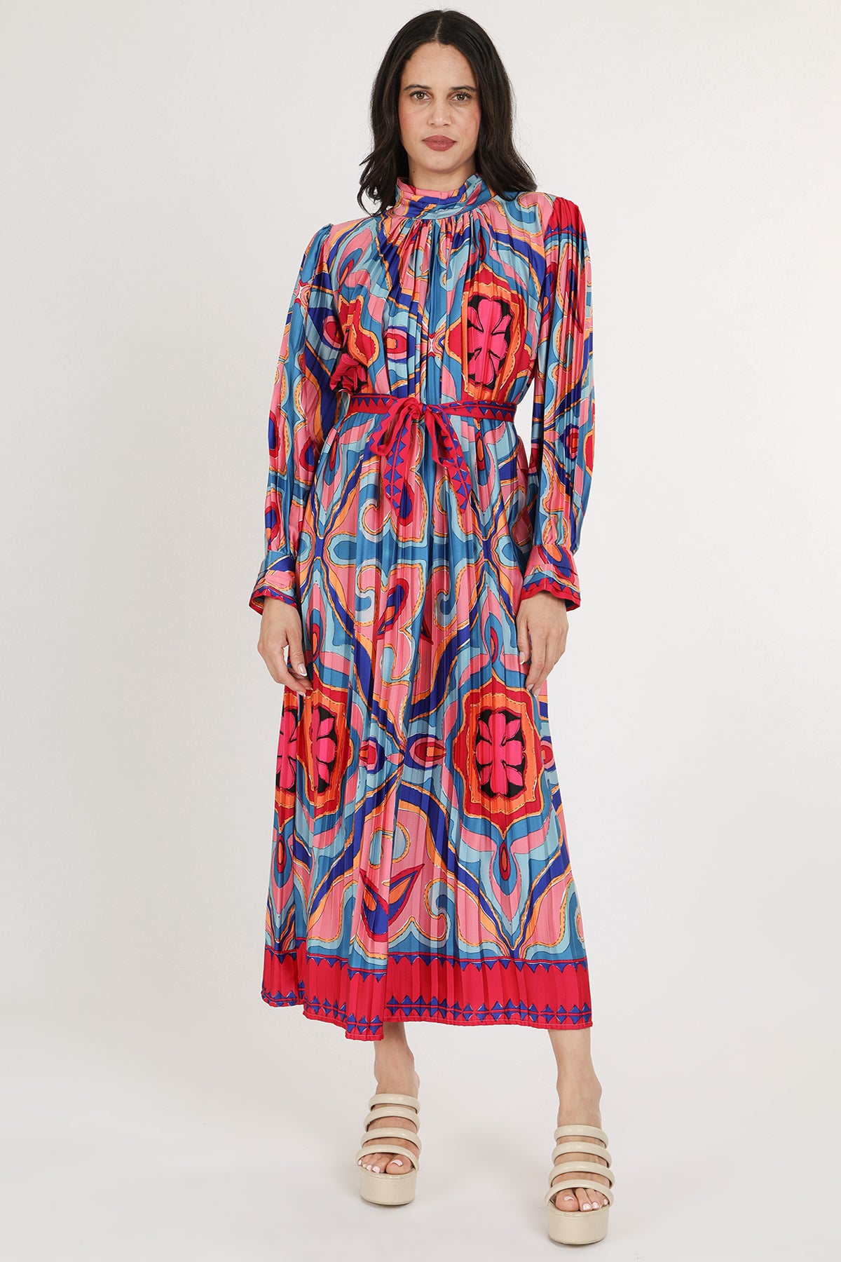 Sami Multicolor Abstract Printed Pleated Maxi Dress - Shop Beulah Style