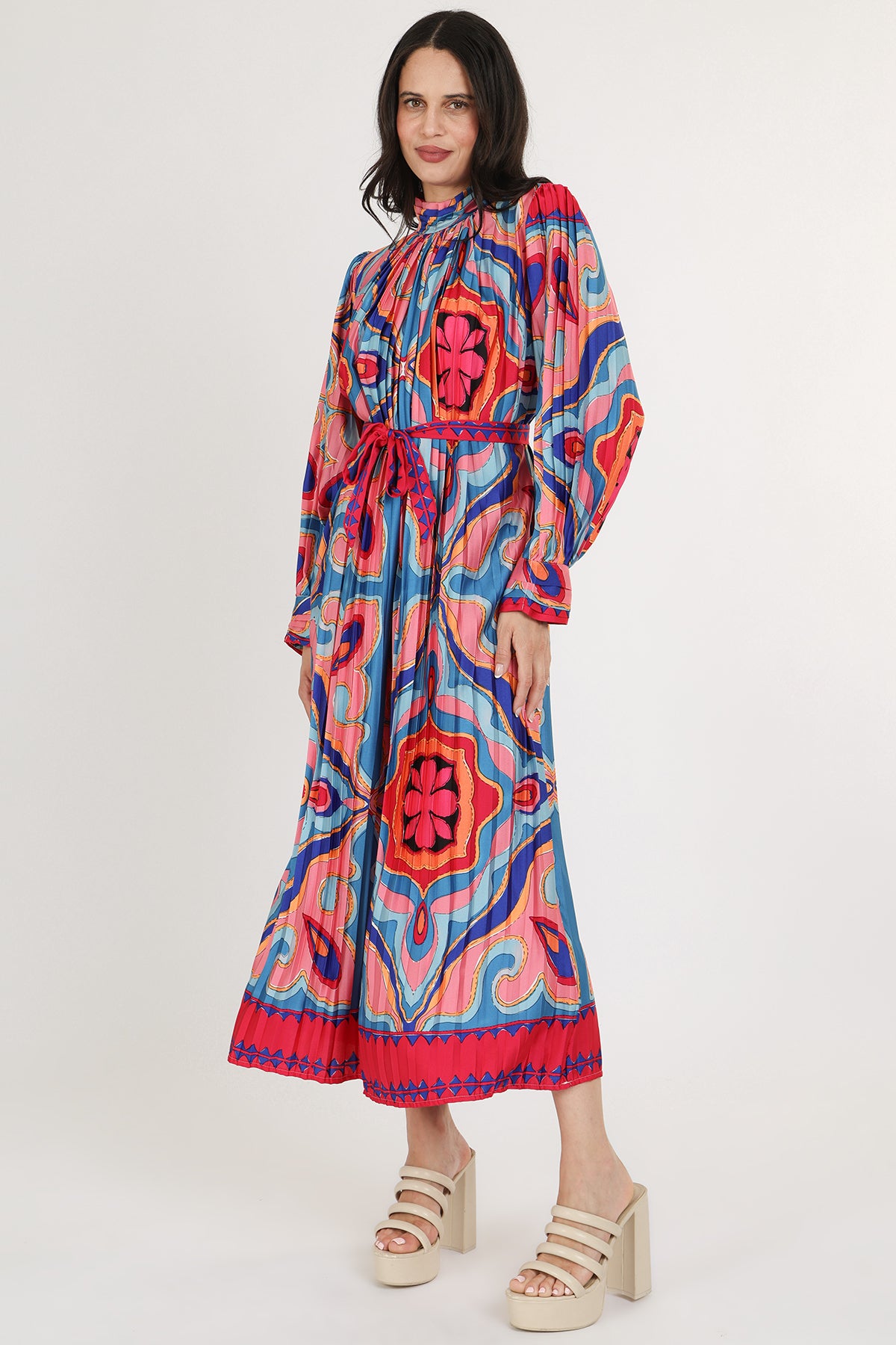 Sami Multicolor Abstract Printed Pleated Maxi Dress - Shop Beulah Style