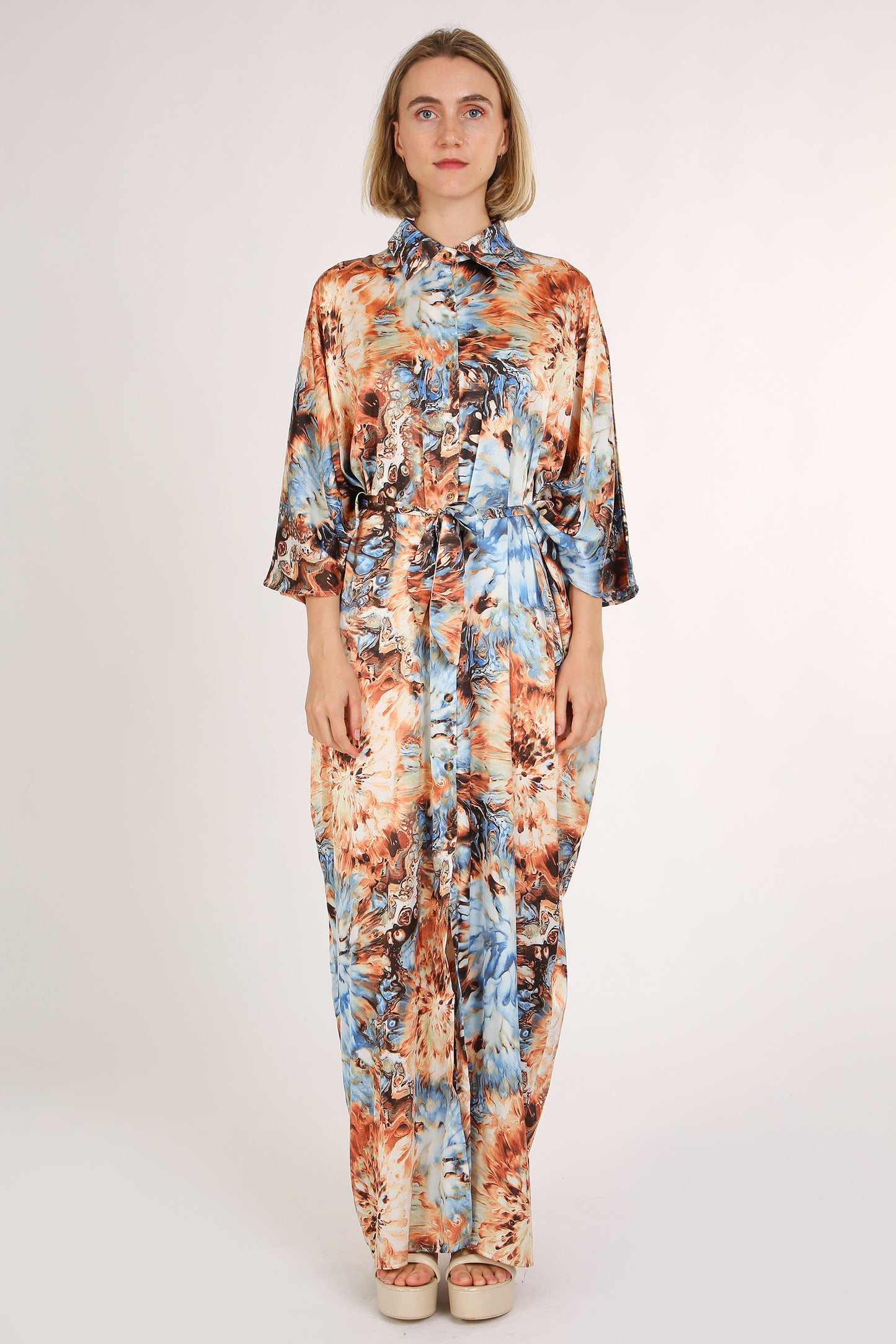 Ivy Multicolor Tie Dye Print Belted Maxi Shirt Dress