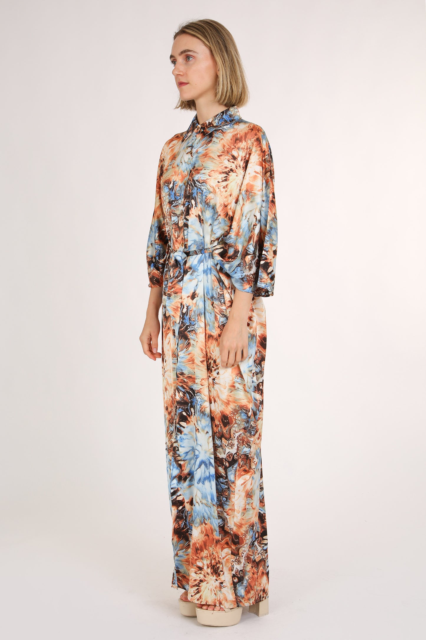 Ivy Multicolor Tie Dye Print Belted Maxi Shirt Dress