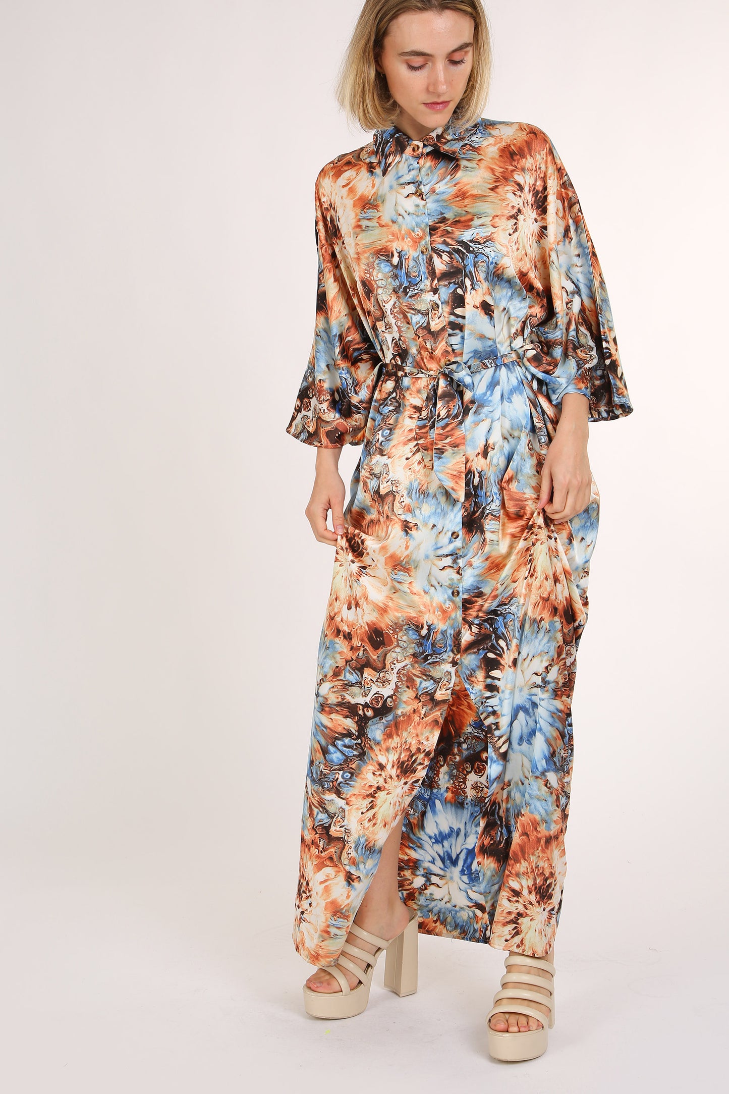 Ivy Multicolor Tie Dye Print Belted Maxi Shirt Dress