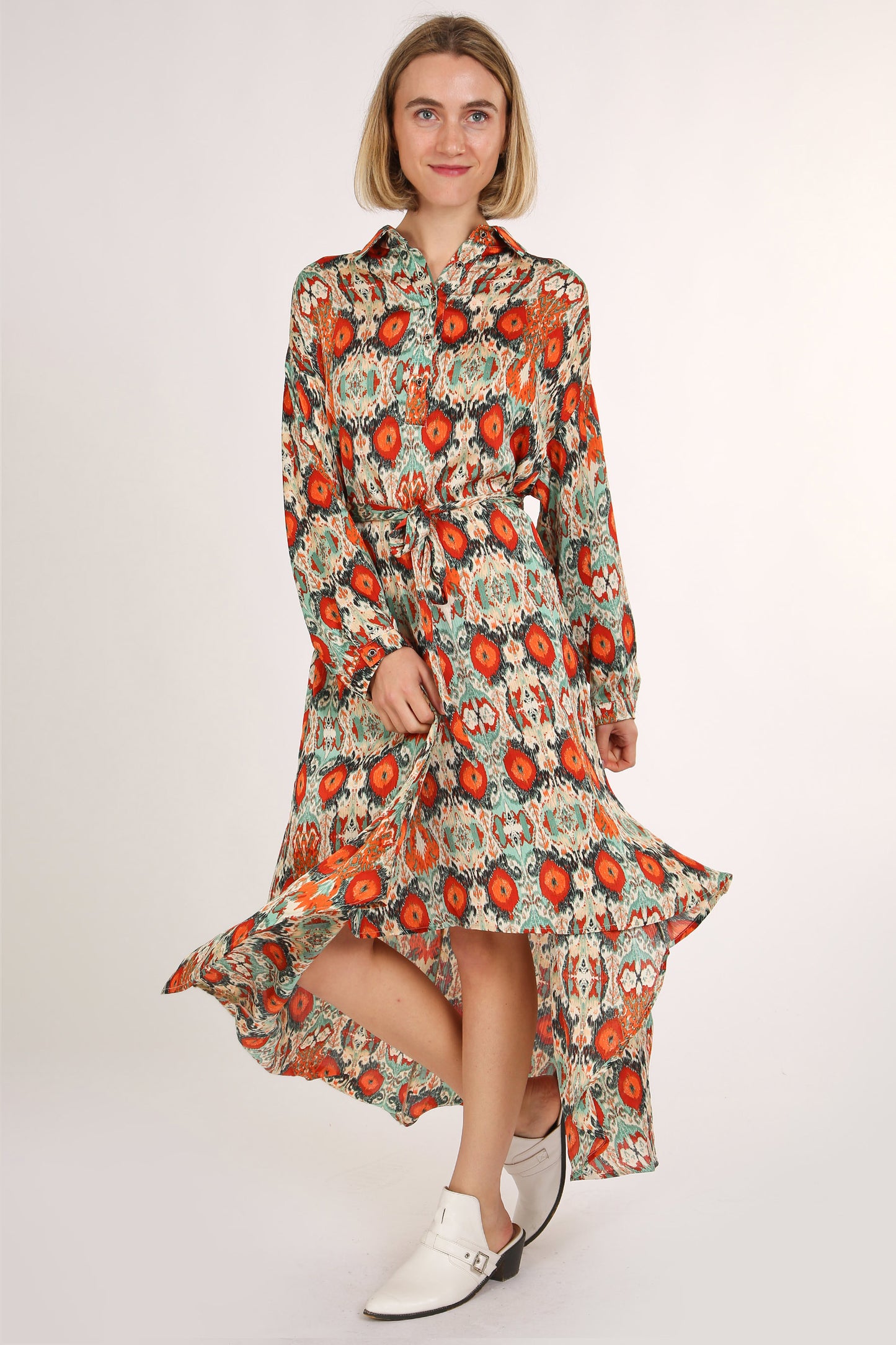 Evie Multicolor Print Collared High Low Midi Dress - Shop Beulah Style