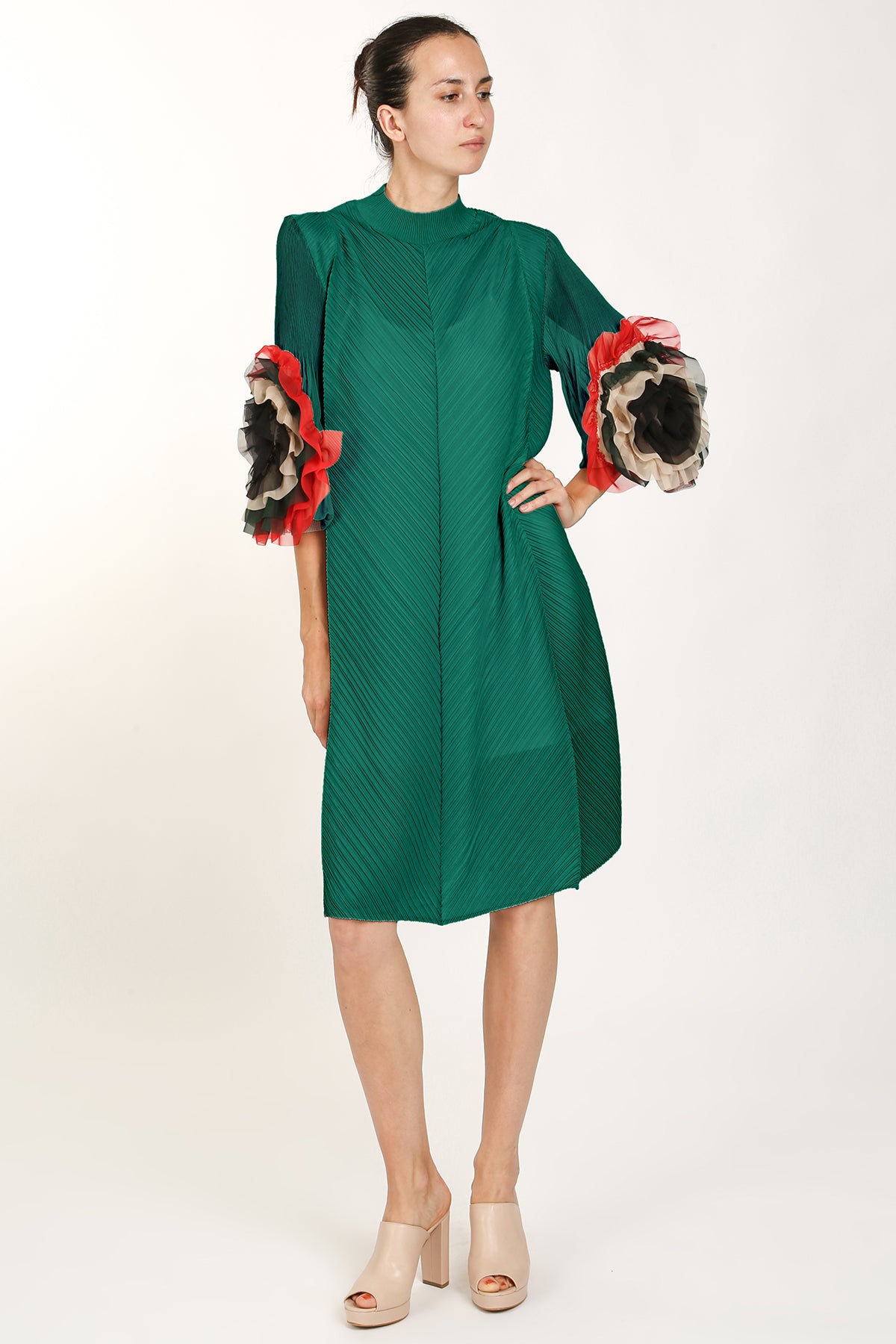 Alias Tricolor Ruffled Applique Detail Pleat Midi Dress