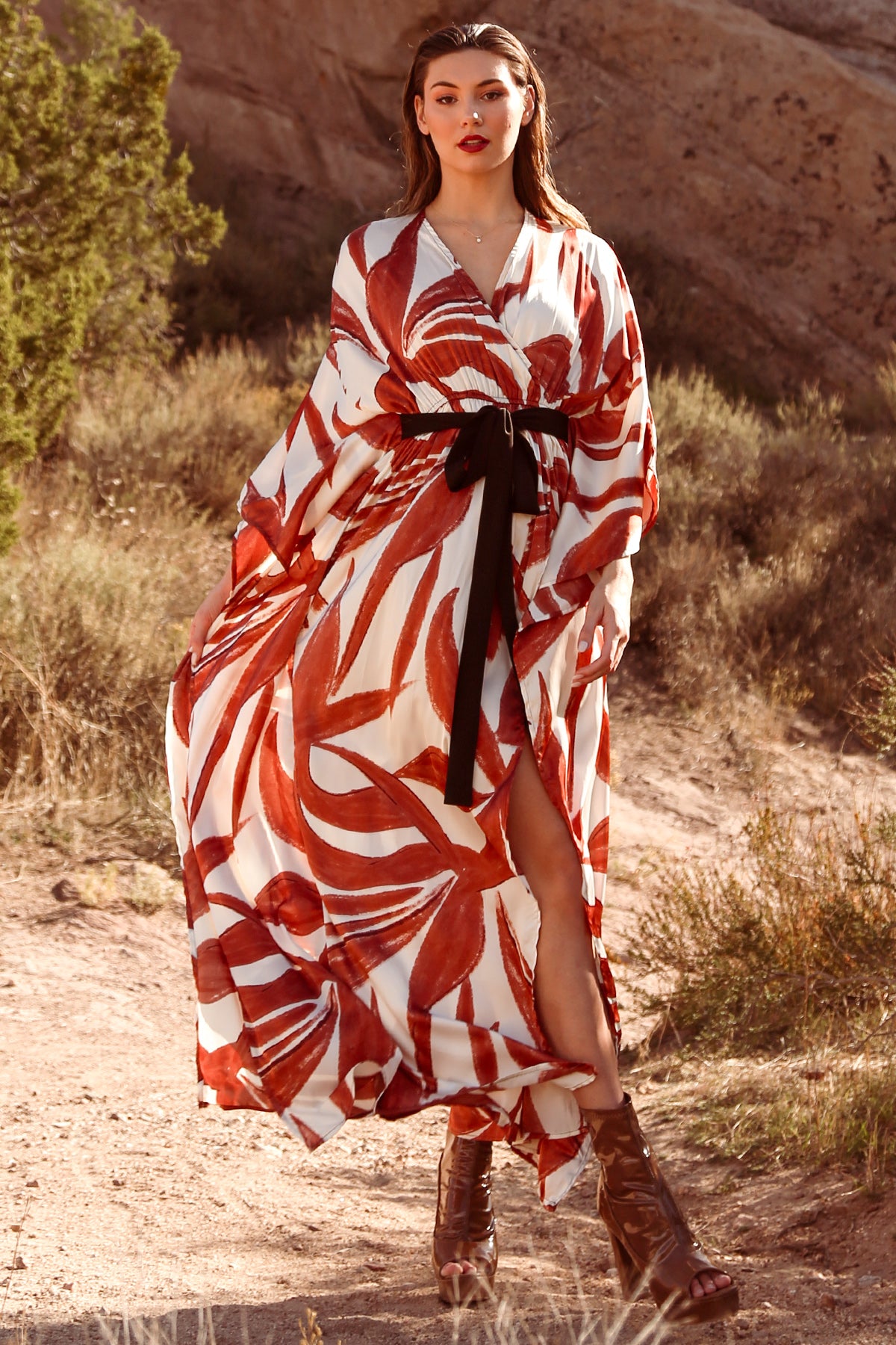 Ciara Belted V-Neck Wrap Multi Print Maxi Dress