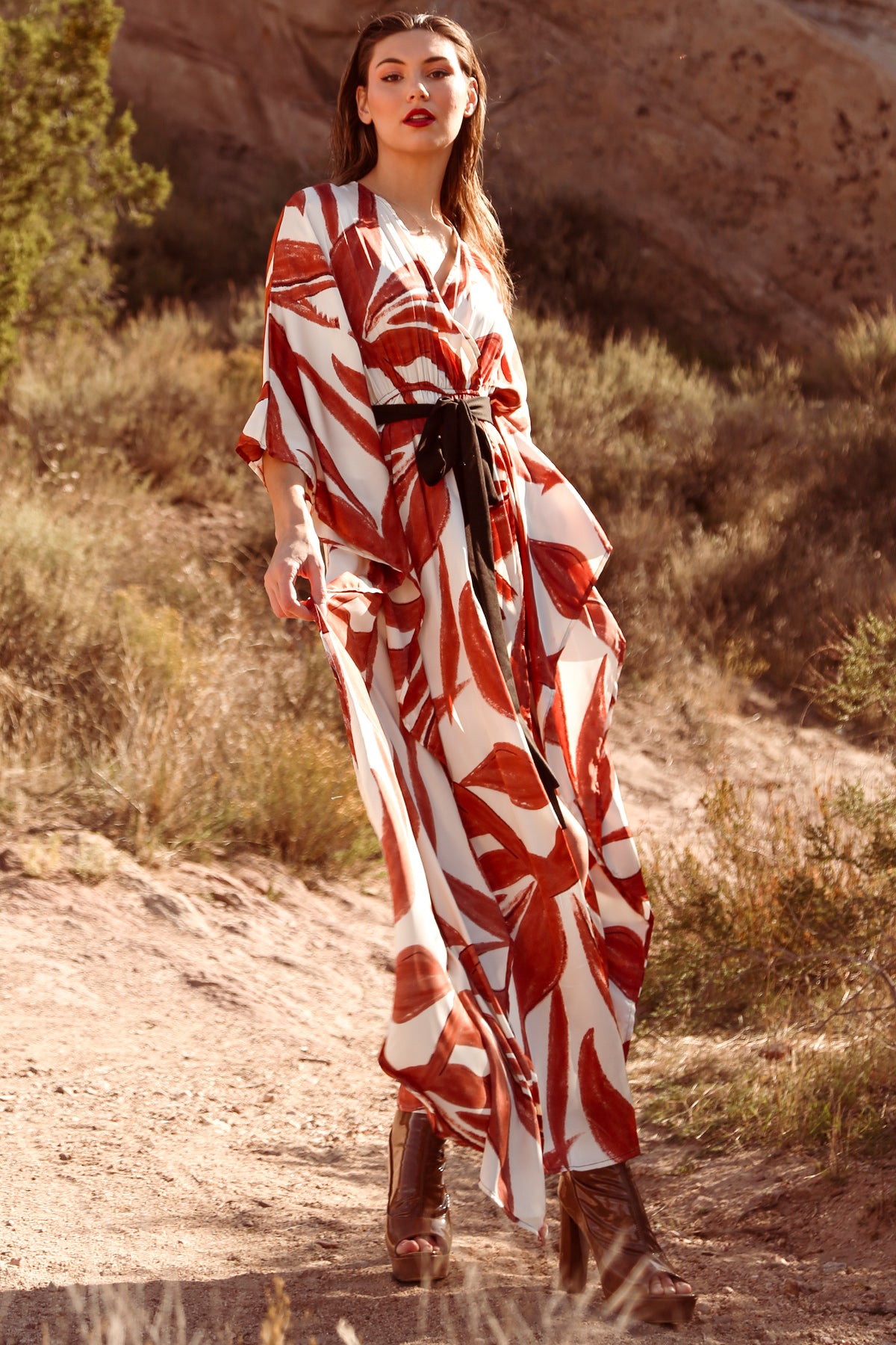 Ciara Belted V-Neck Wrap Multi Print Maxi Dress