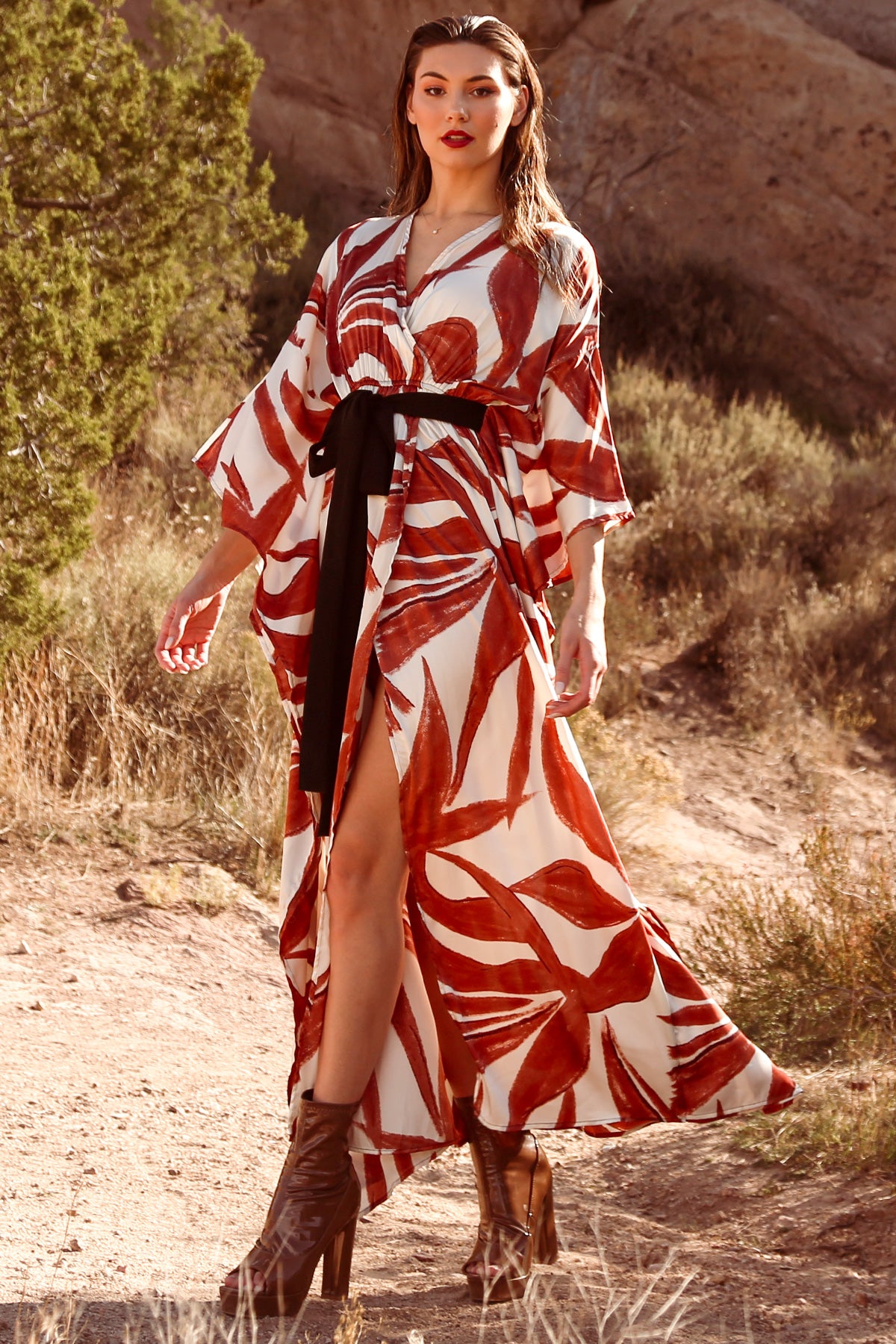 Ciara Belted V-Neck Wrap Multi Print Maxi Dress