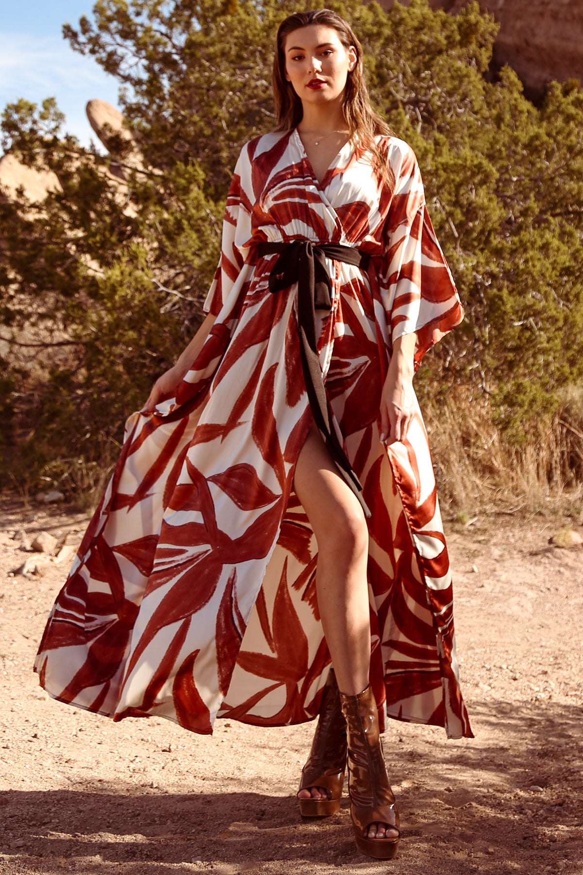 Ciara Belted V-Neck Wrap Multi Print Maxi Dress