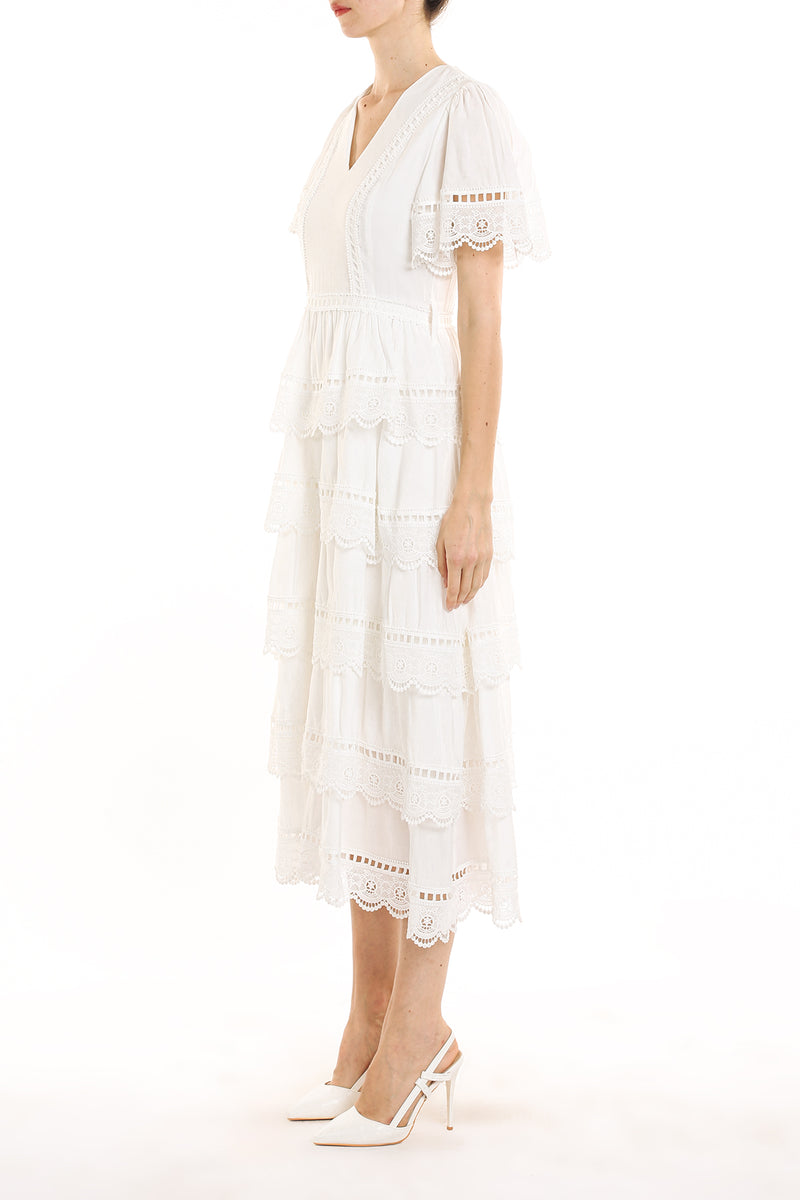 Penelope Tiered Ruffle Embroidered Trim Bowtie Maxi Dress - Shop Beulah Style
