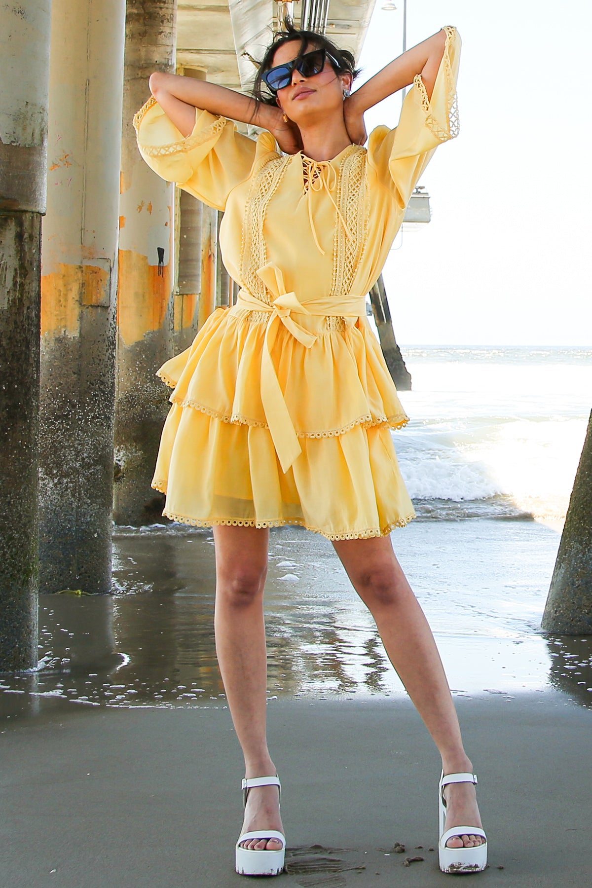 Kelly Lace Trim Ruffle Tiered A-Line Mini Dress - Shop Beulah Style