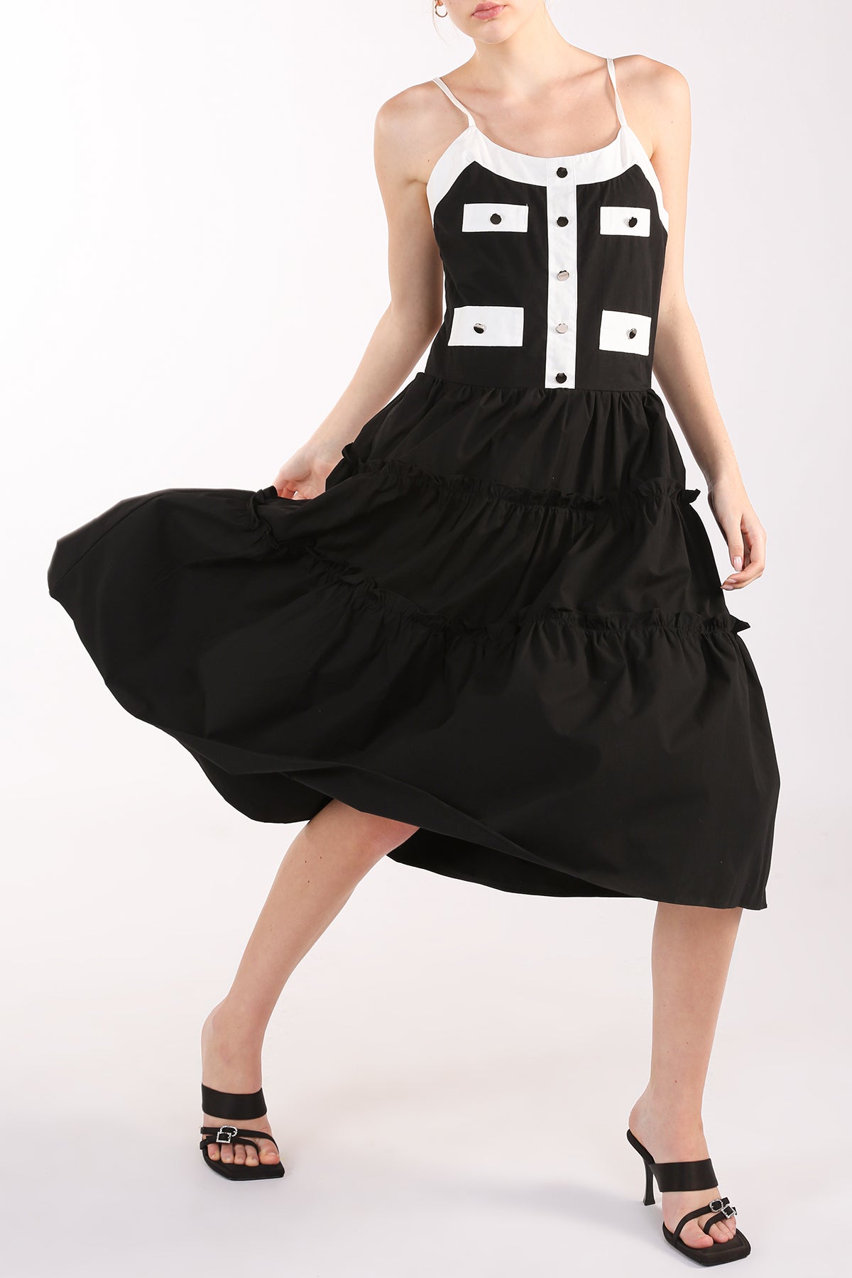 Janae Contrast Tiered Ruffles Trim Spaghetti Midi Dress - Shop Beulah Style