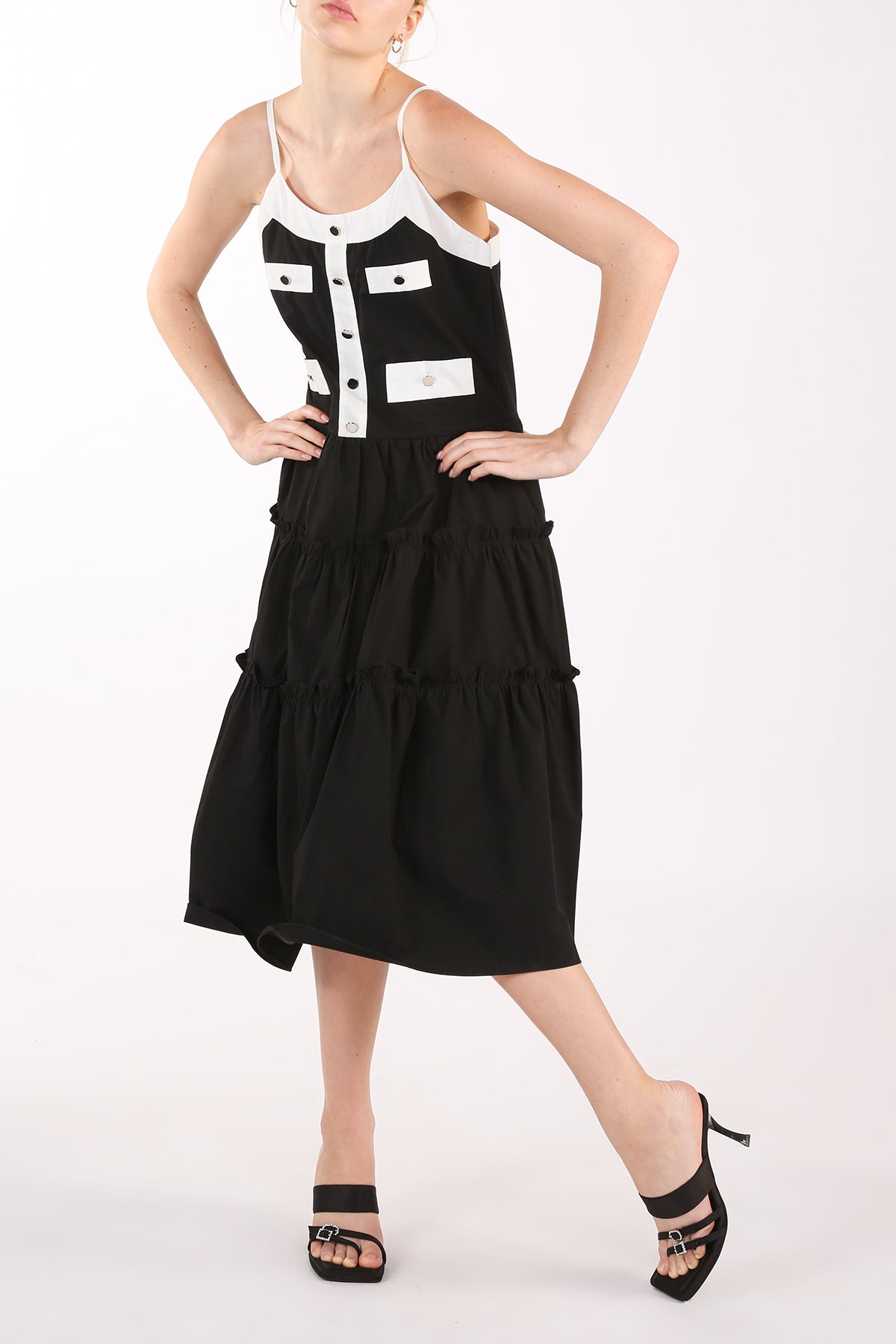 Janae Contrast Tiered Ruffles Trim Spaghetti Midi Dress - Shop Beulah Style