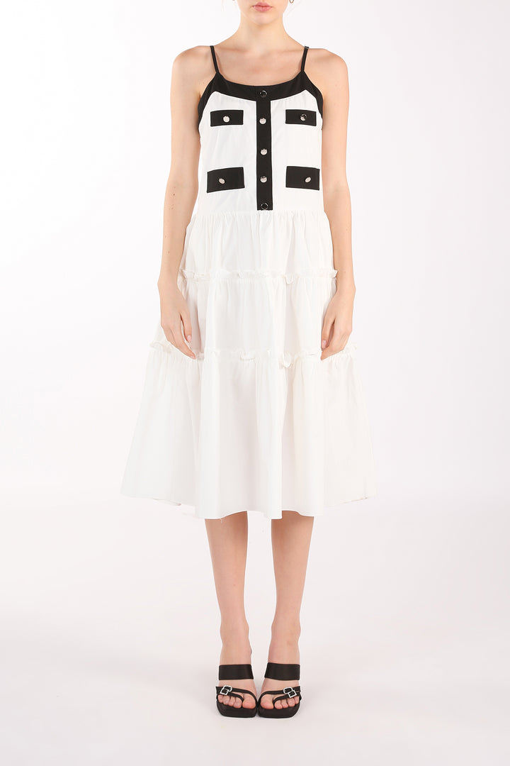 Janae Contrast Tiered Ruffles Trim Spaghetti Midi Dress - Shop Beulah Style