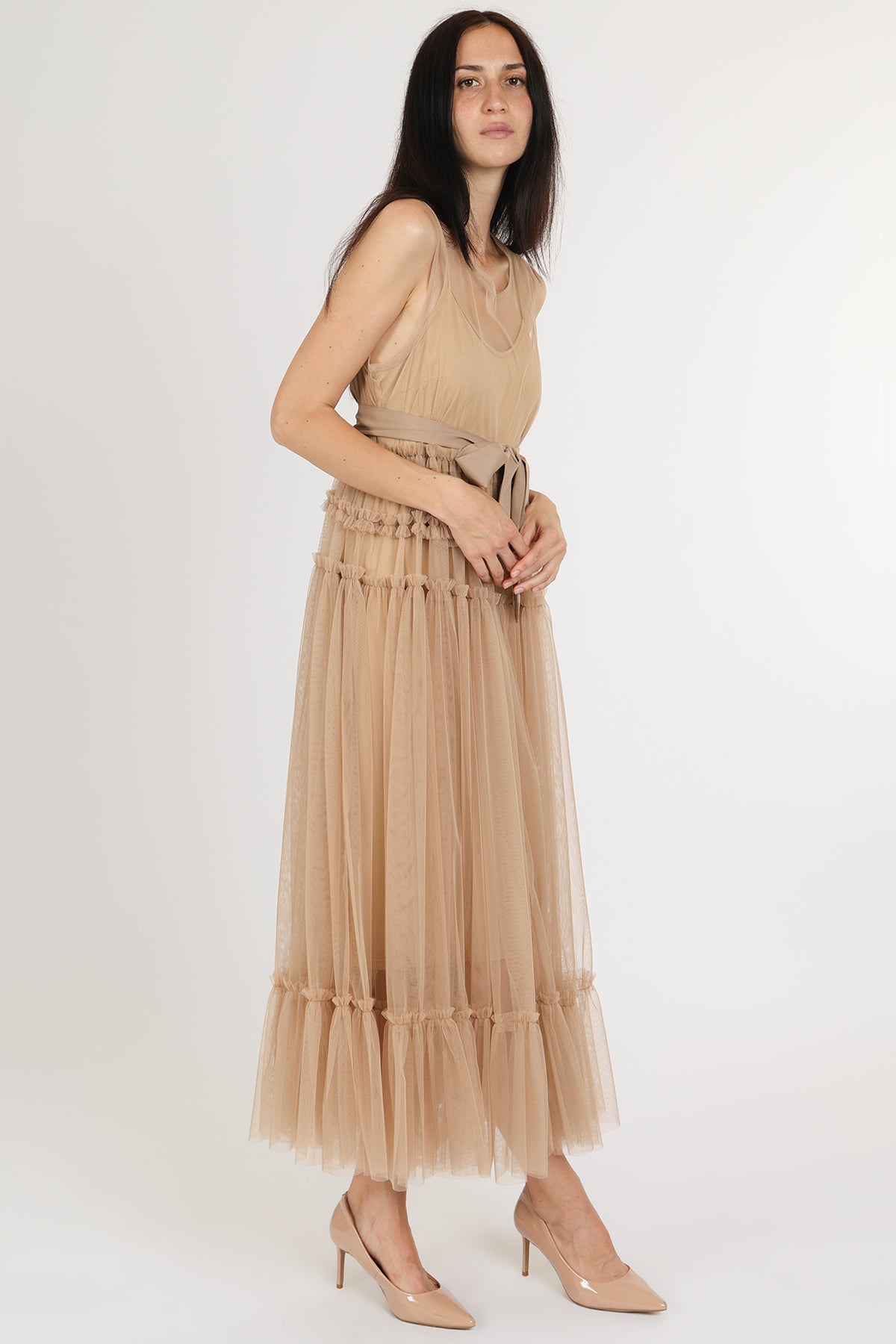 Titania Tiered Ruffles Tulle Sleeveless Belted Maxi Dress