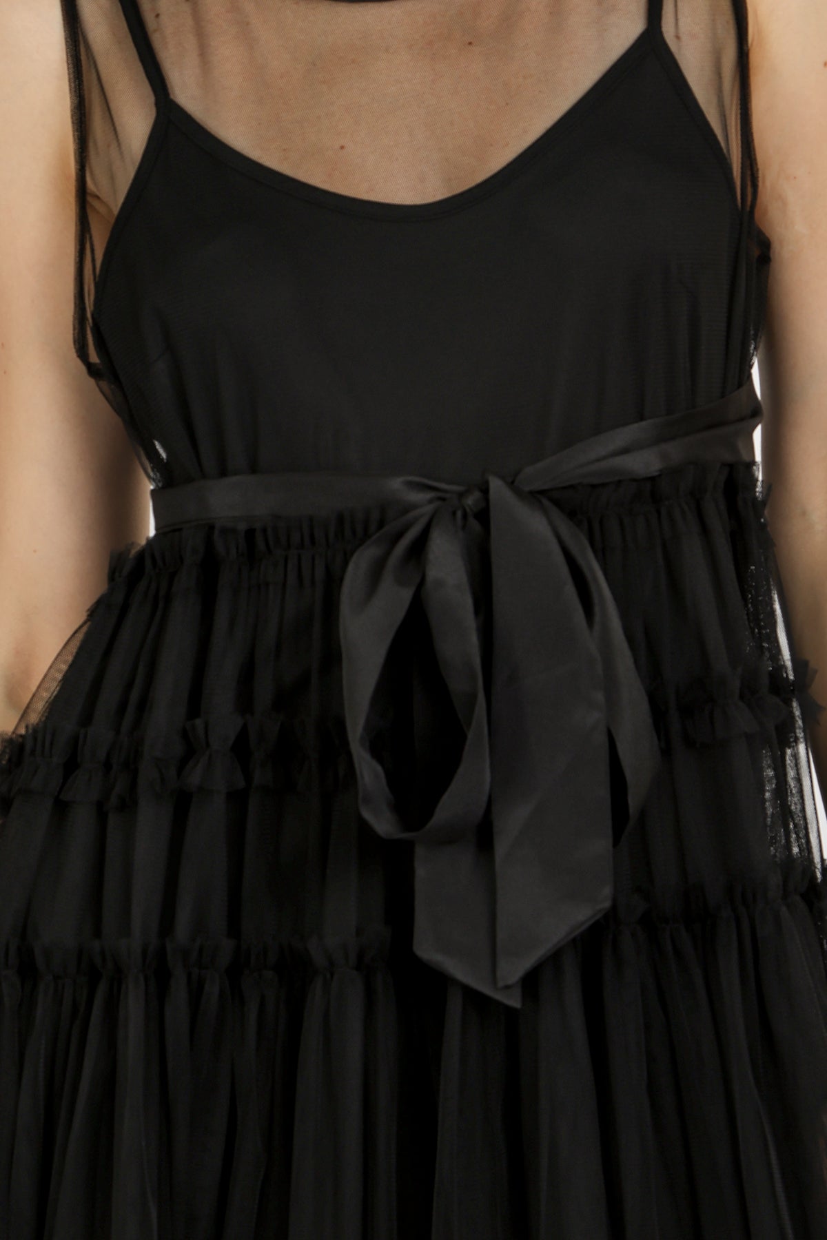 Titania Tiered Ruffles Tulle Sleeveless Belted Maxi Dress