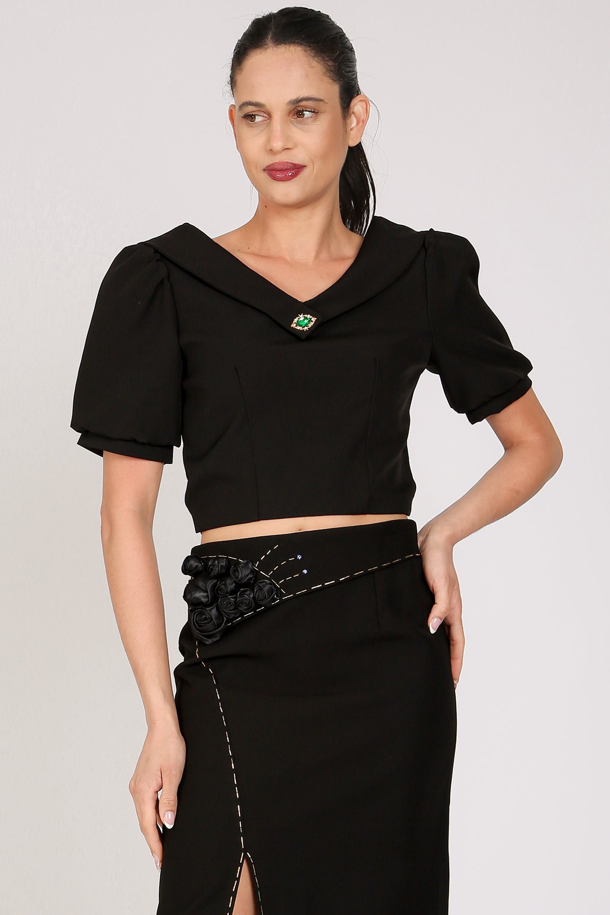 Liam Embellished Deep V-Neck Crop Top