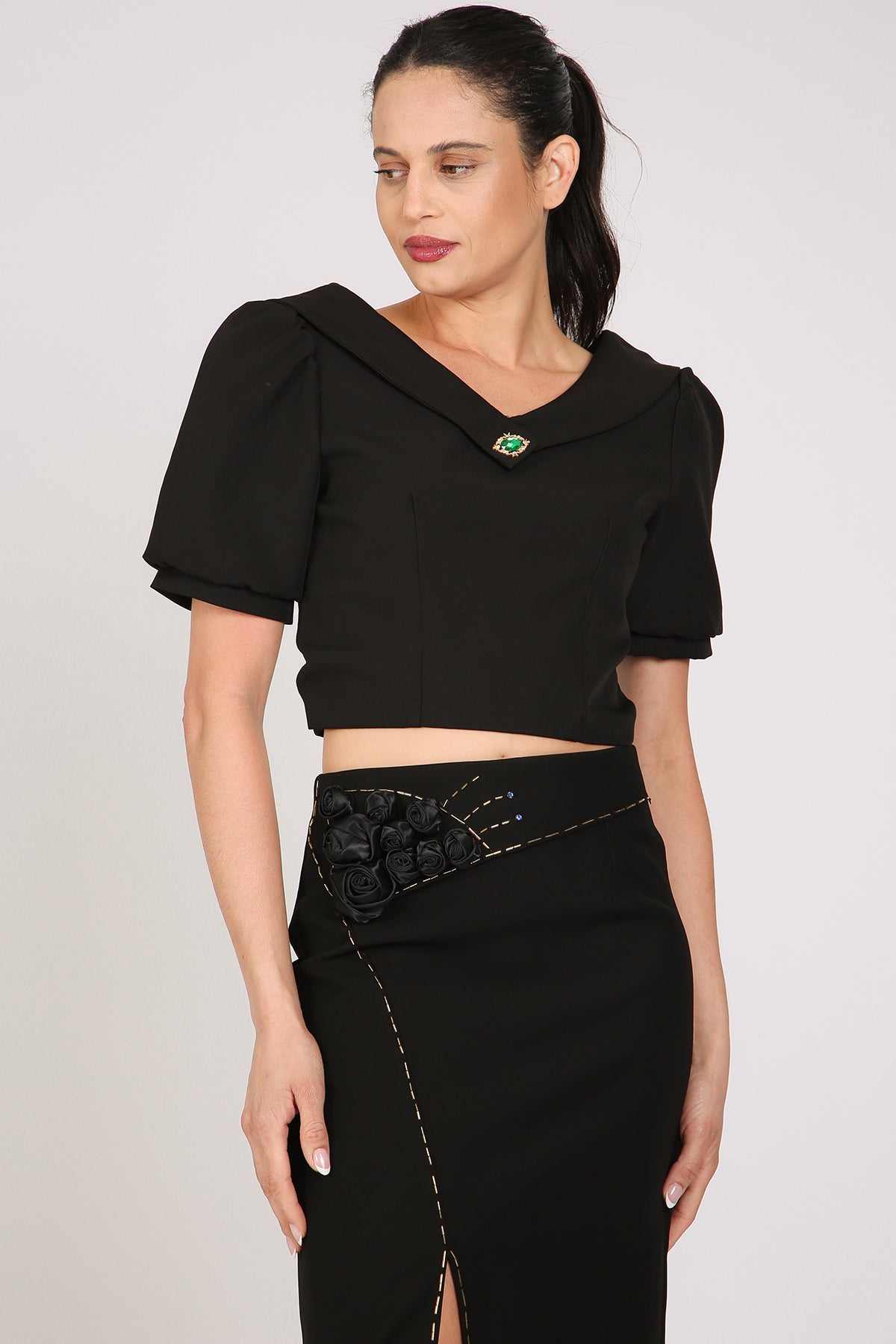 Liam Embellished Deep V-Neck Crop Top