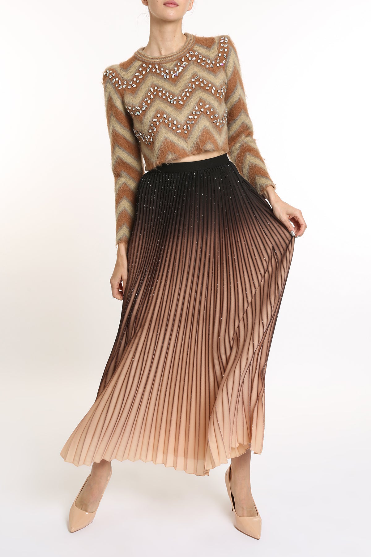 Alyx Zigzag Colorblock Embellished Knit Crop Sweater - Shop Beulah Style