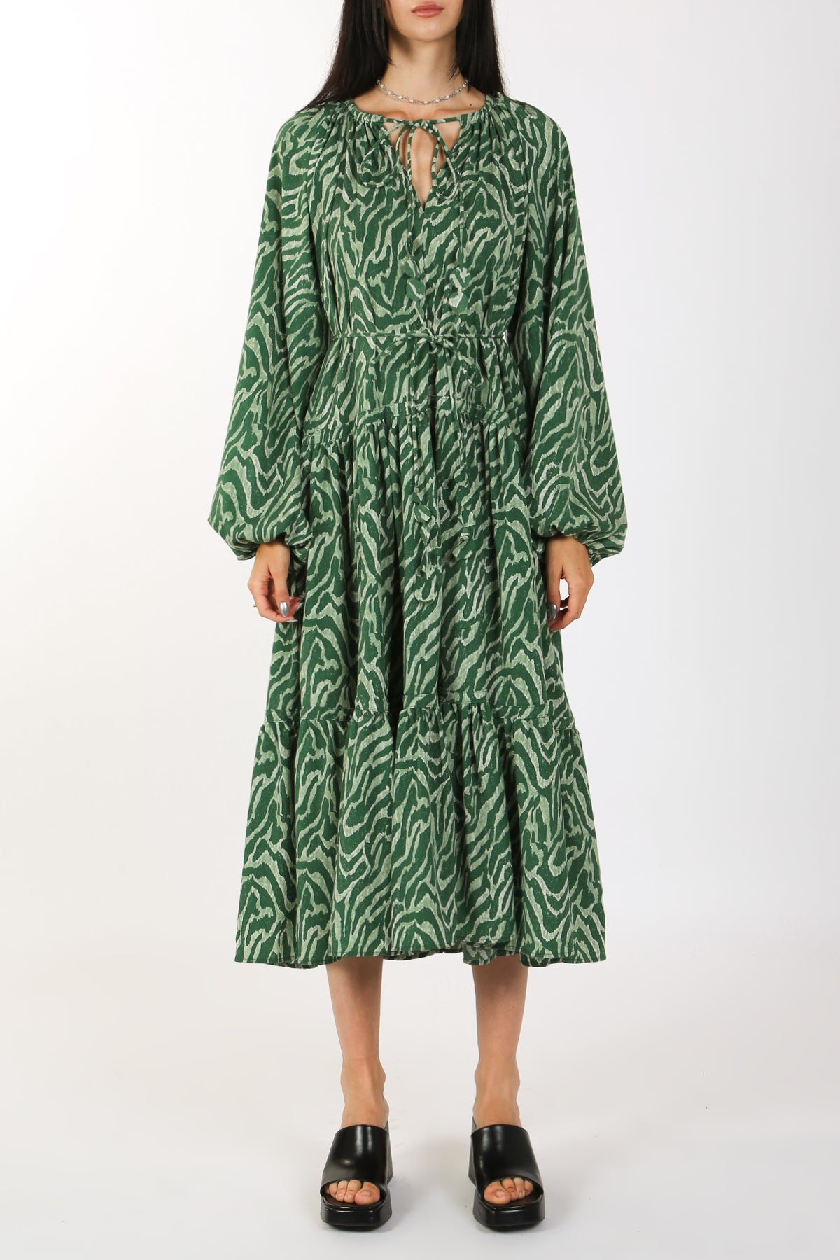 Roxas Zebra Stencil Print Bowtie Tiered Midi Dress - Shop Beulah Style