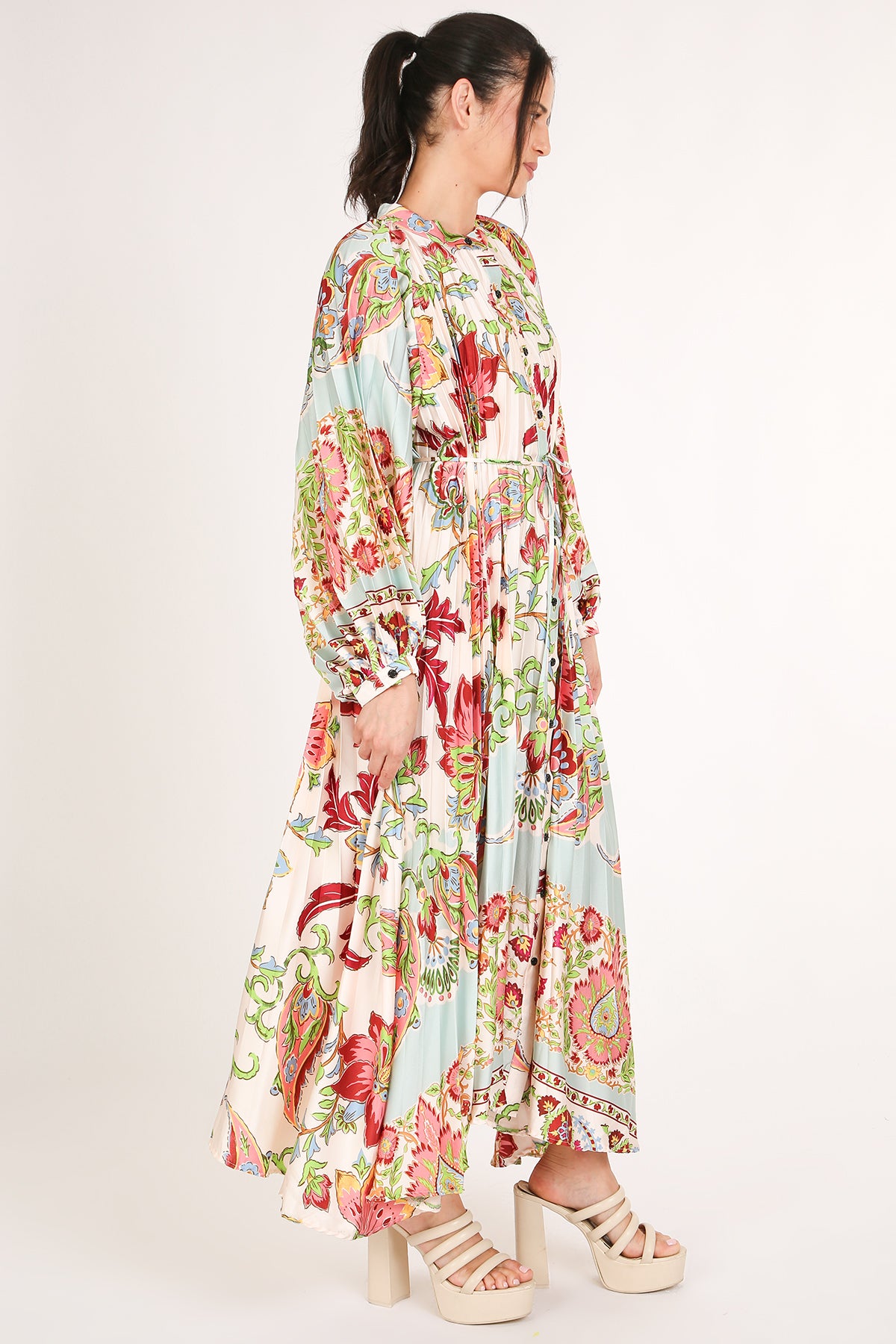 Anderson Multicolor Botanic Print Pleated Maxi Dress - Shop Beulah Style