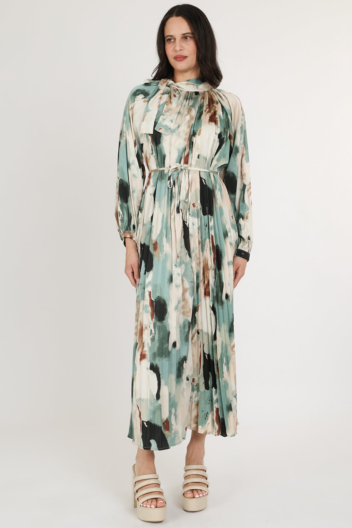 Zoey Multicolor Abstract Print Pleated Satin Maxi Dress - Shop Beulah Style