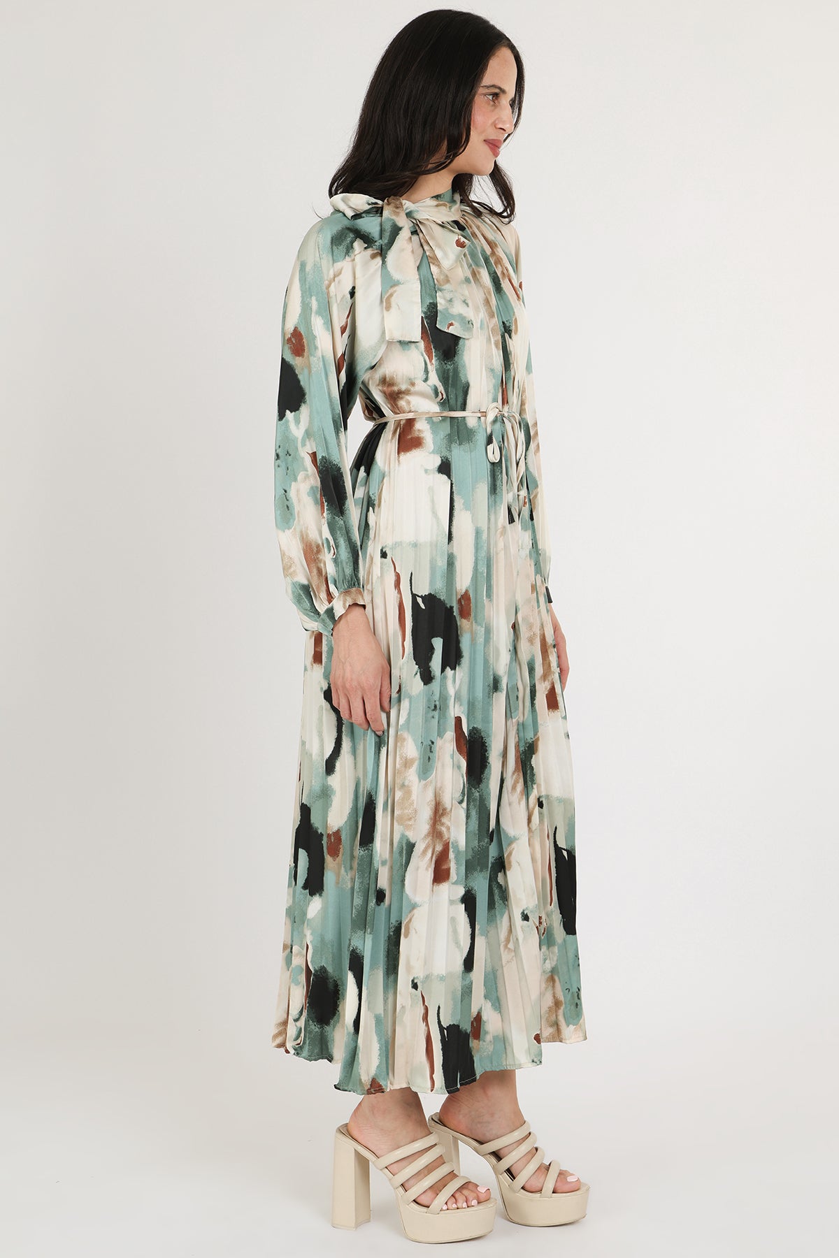 Zoey Multicolor Abstract Print Pleated Satin Maxi Dress - Shop Beulah Style