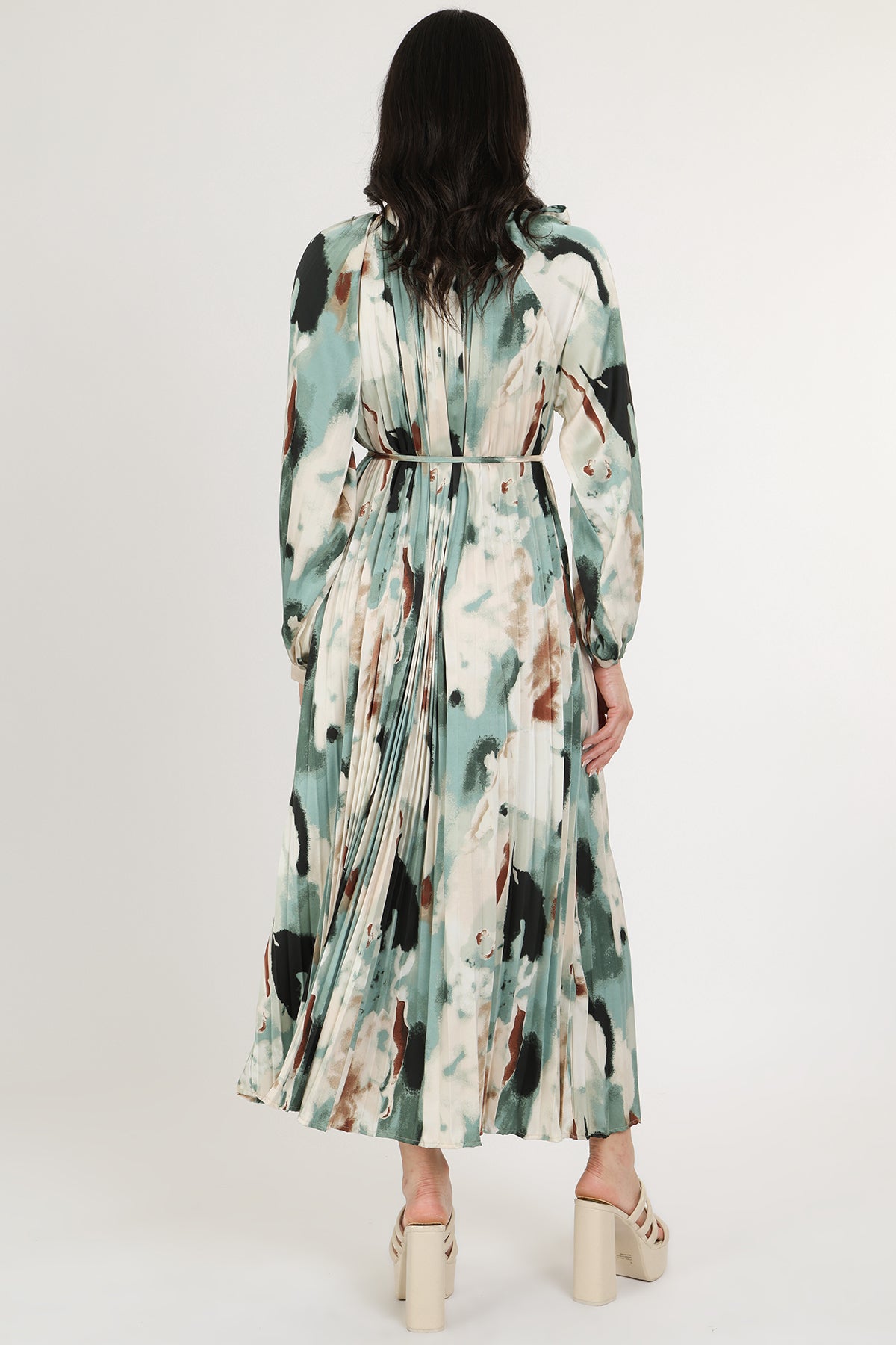 Zoey Multicolor Abstract Print Pleated Satin Maxi Dress - Shop Beulah Style