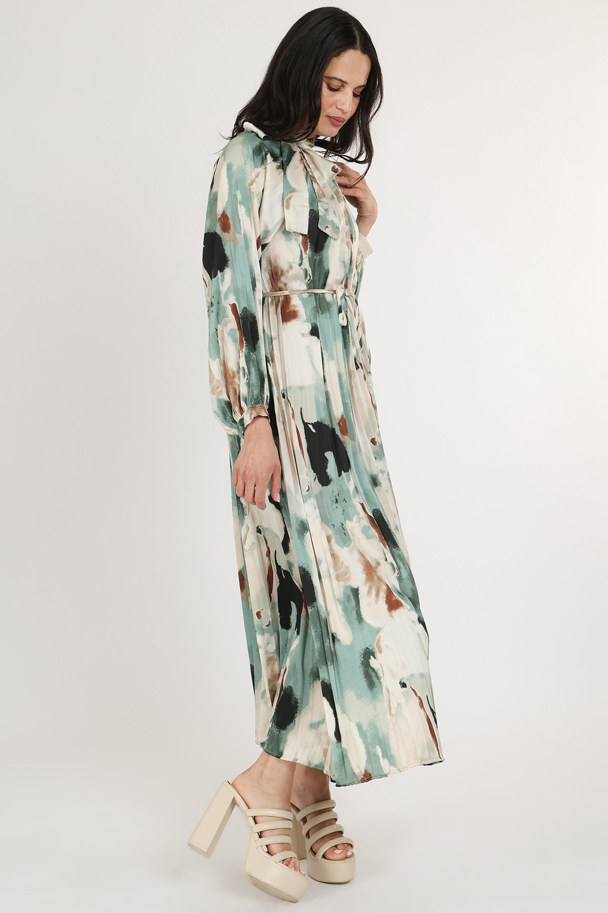 Zoey Multicolor Abstract Print Pleated Satin Maxi Dress - Shop Beulah Style
