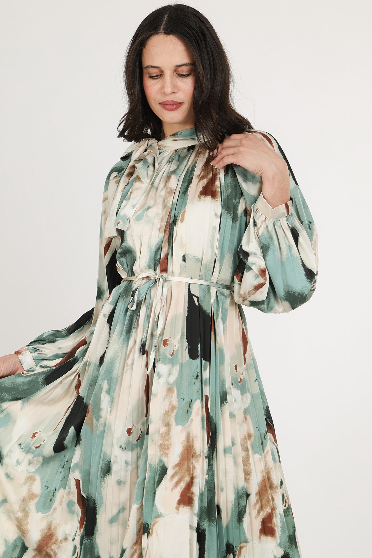 Zoey Multicolor Abstract Print Pleated Satin Maxi Dress - Shop Beulah Style