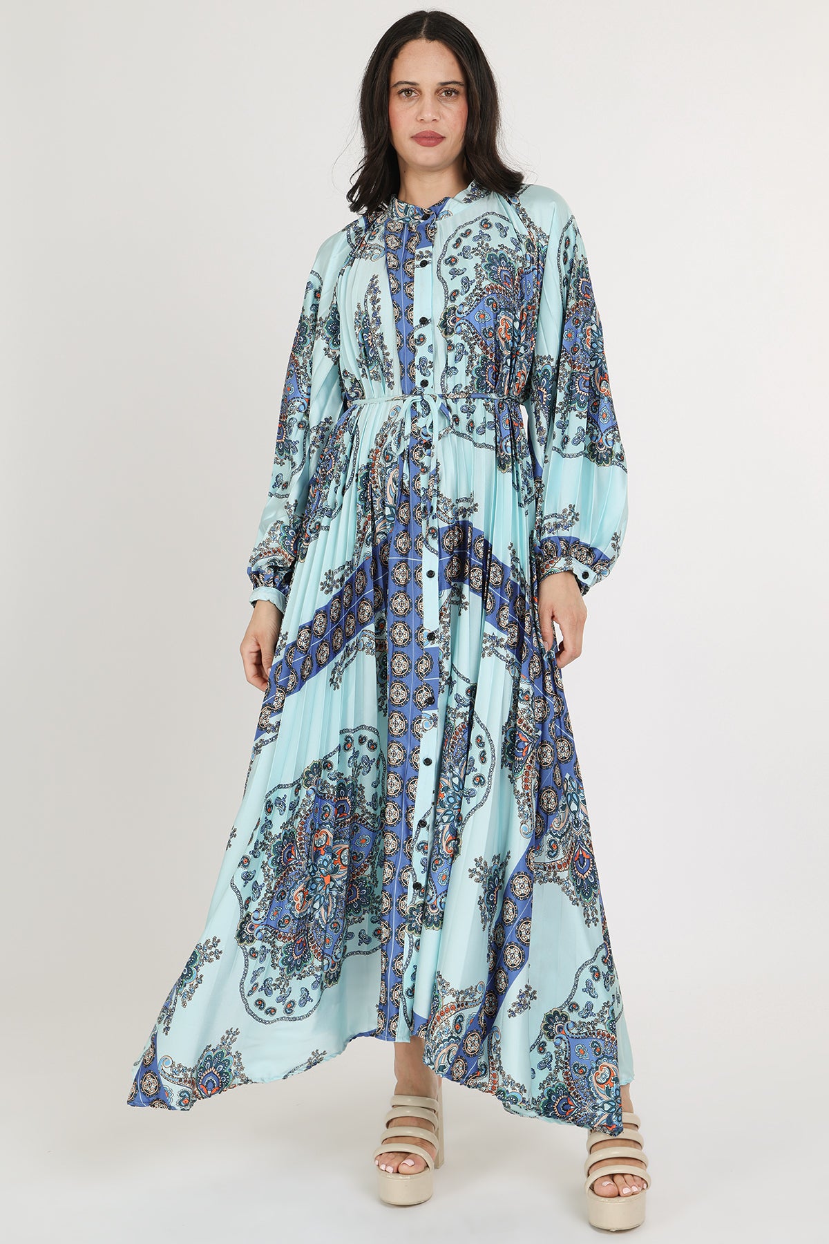 Ashley Multi-Print Paisley Pleats Belted Maxi Dress - Shop Beulah Style