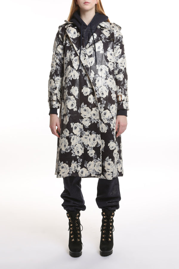 Everett Flower Printed Faux Python Leather Trench Coat - Shop Beulah Style