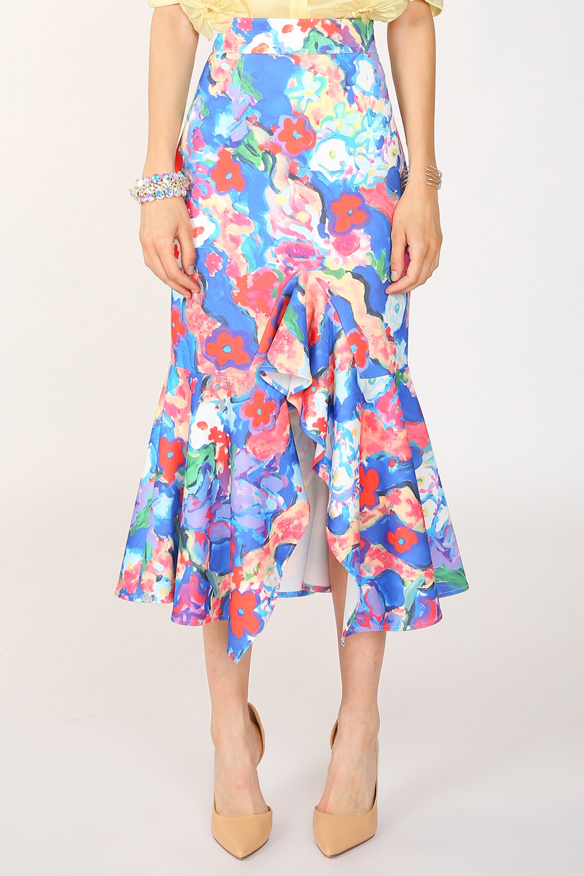 Alani Painted Print Asymmetric Pencil Flare Midi Skirt - Shop Beulah Style