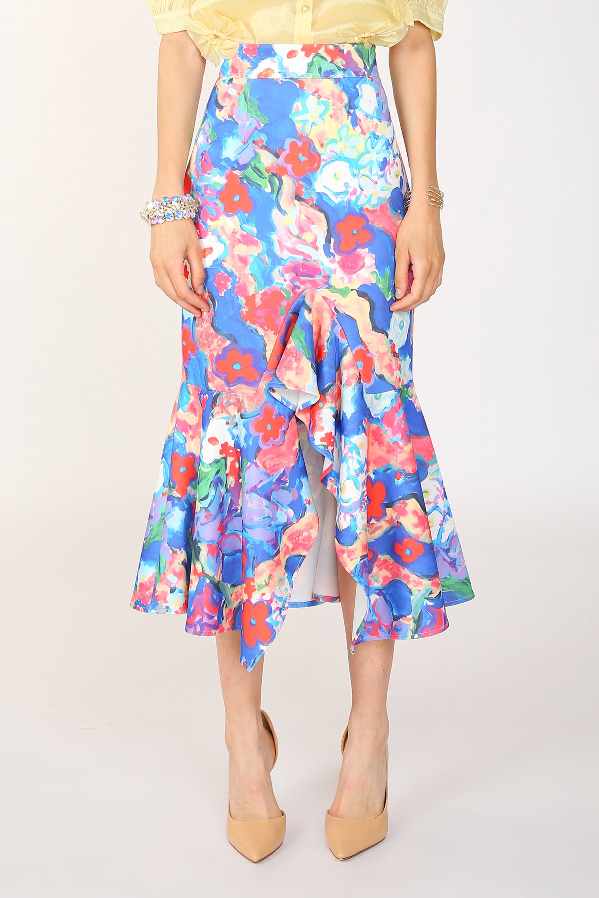 Alani Painted Print Asymmetric Pencil Flare Midi Skirt - Shop Beulah Style