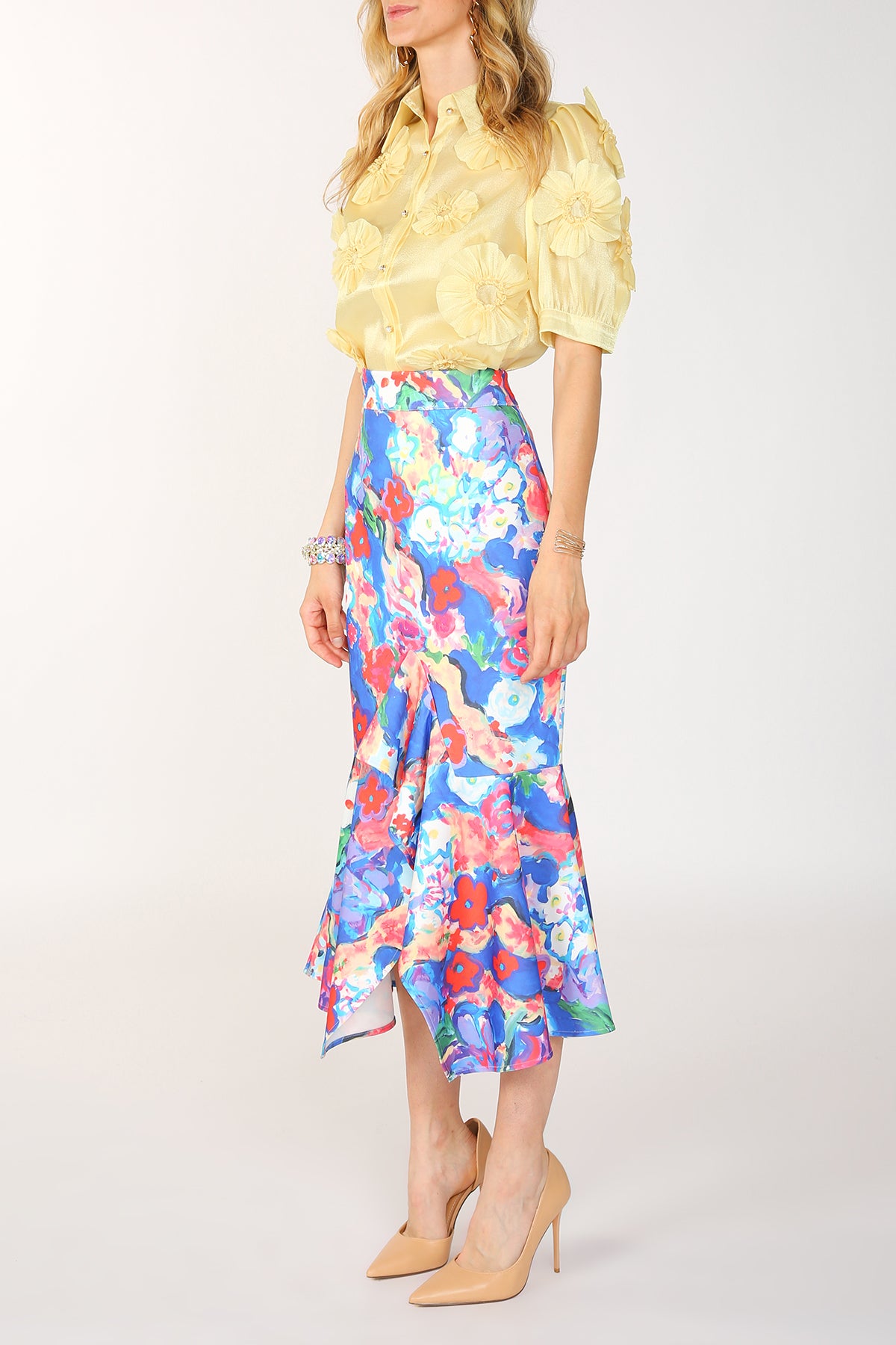 Alani Painted Print Asymmetric Pencil Flare Midi Skirt - Shop Beulah Style