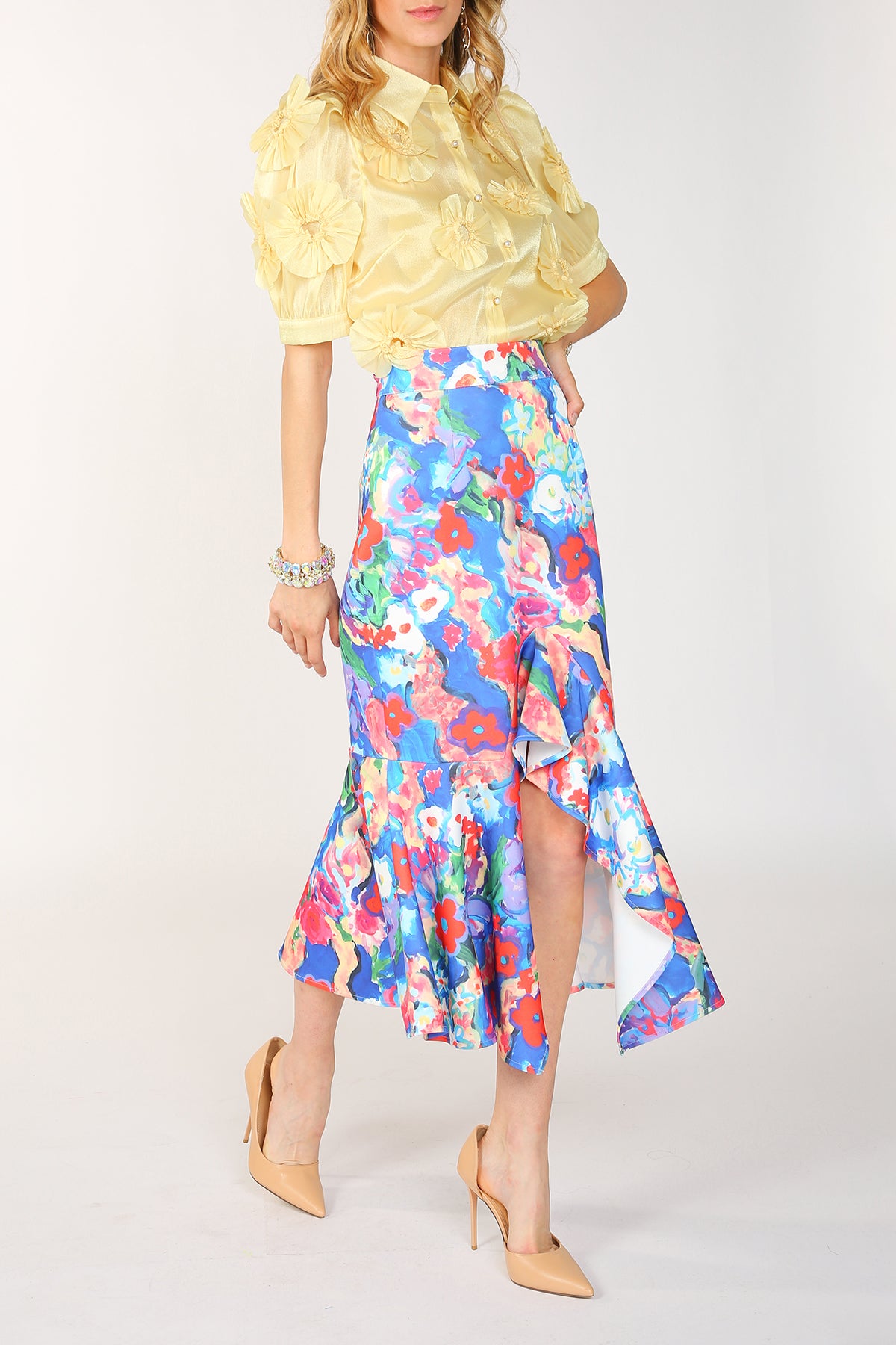 Alani Painted Print Asymmetric Pencil Flare Midi Skirt - Shop Beulah Style