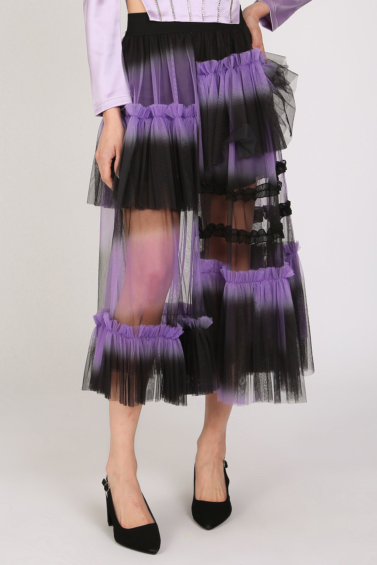 Katya Asymmetrical Tiered Ruffles Frill Mesh Midi Skirt - Shop Beulah Style